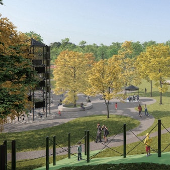 Die Visualisierung zeigt viel Grün, Spielgeräte und Sitzränge im Bereich der früheren Radrennbahn am Stadion Alt-Hürth.