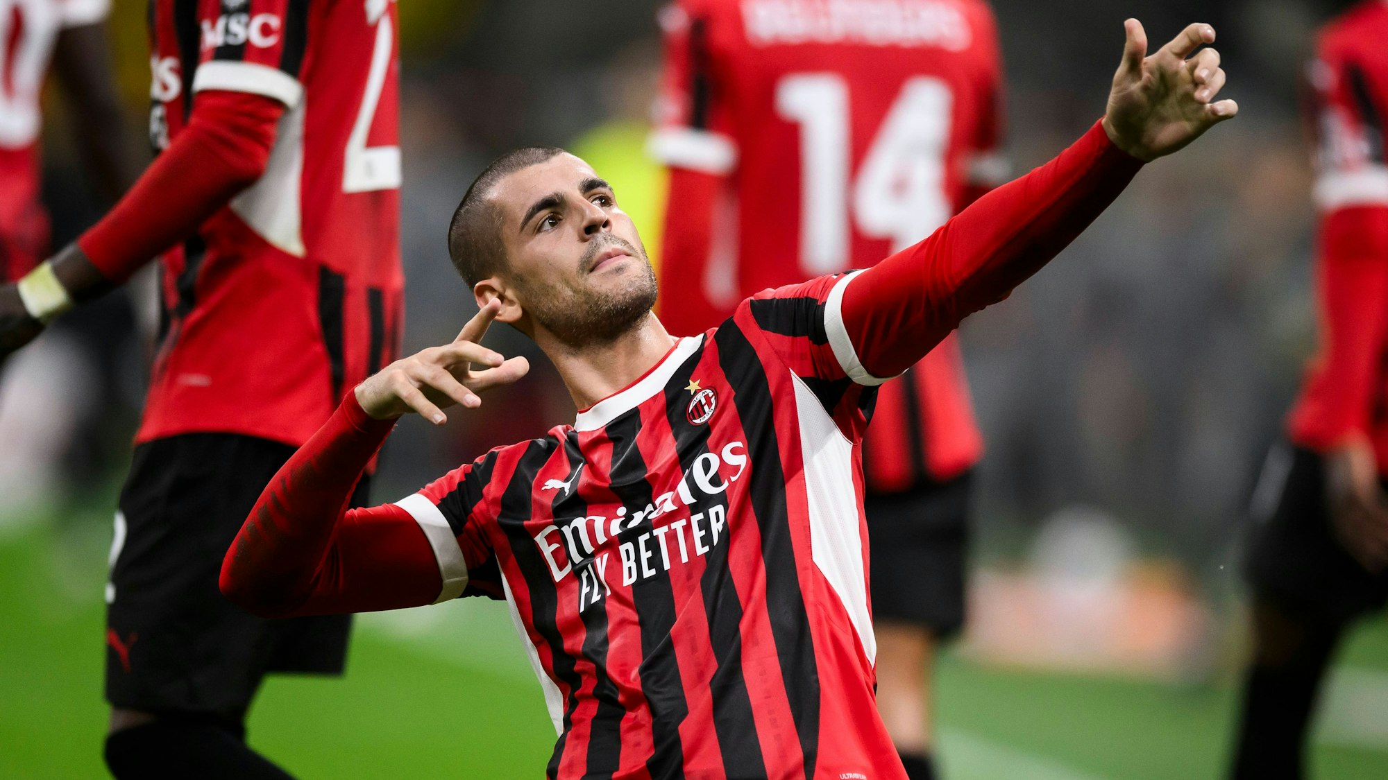 Alvaro Morata jubelt nach einem Treffer für den AC Mailand im Spiel gegen US Lecce im September.