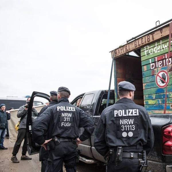 Auf dem Foto ist ein Baumhaus zu sehen, das auf einem Wagen abtransportiert wird. Dabei stehen Polizisten.