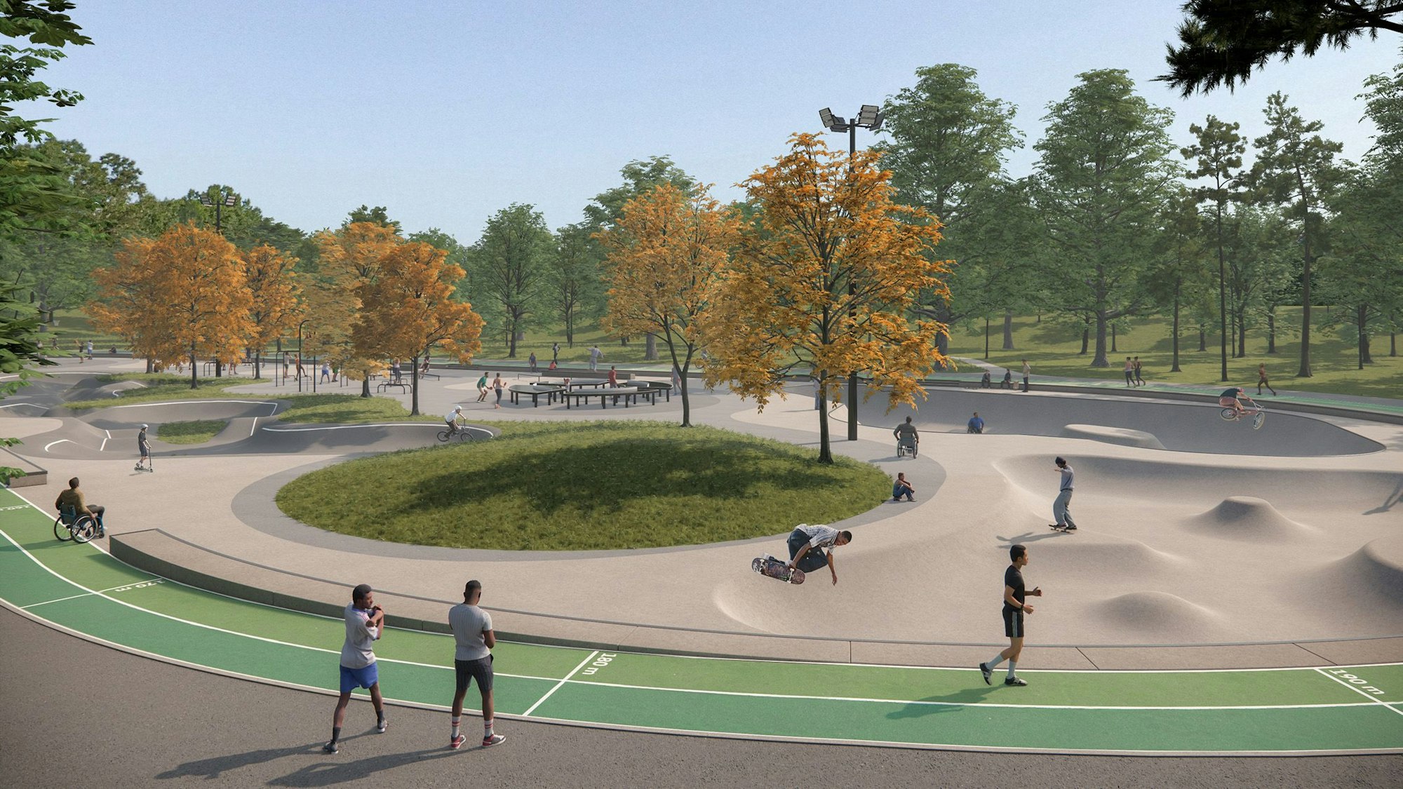 Die Visualisierung zeigt, wie die Sportinsel mit Pumptrack für Skater und Radfahrer einmal aussehen soll.