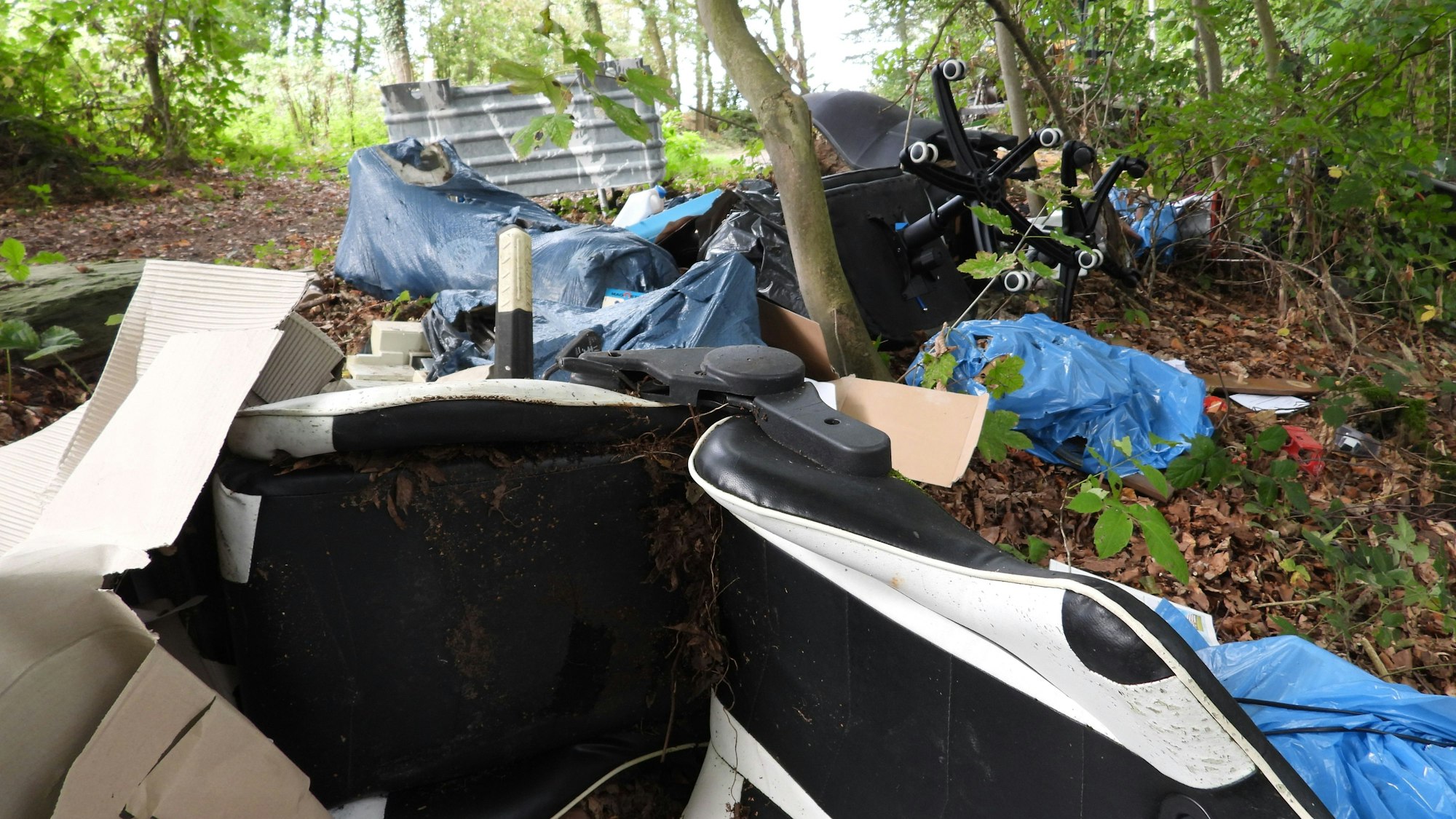 Auf dem Bild ist ein großer Müllhaufen im Wald zu sehen.