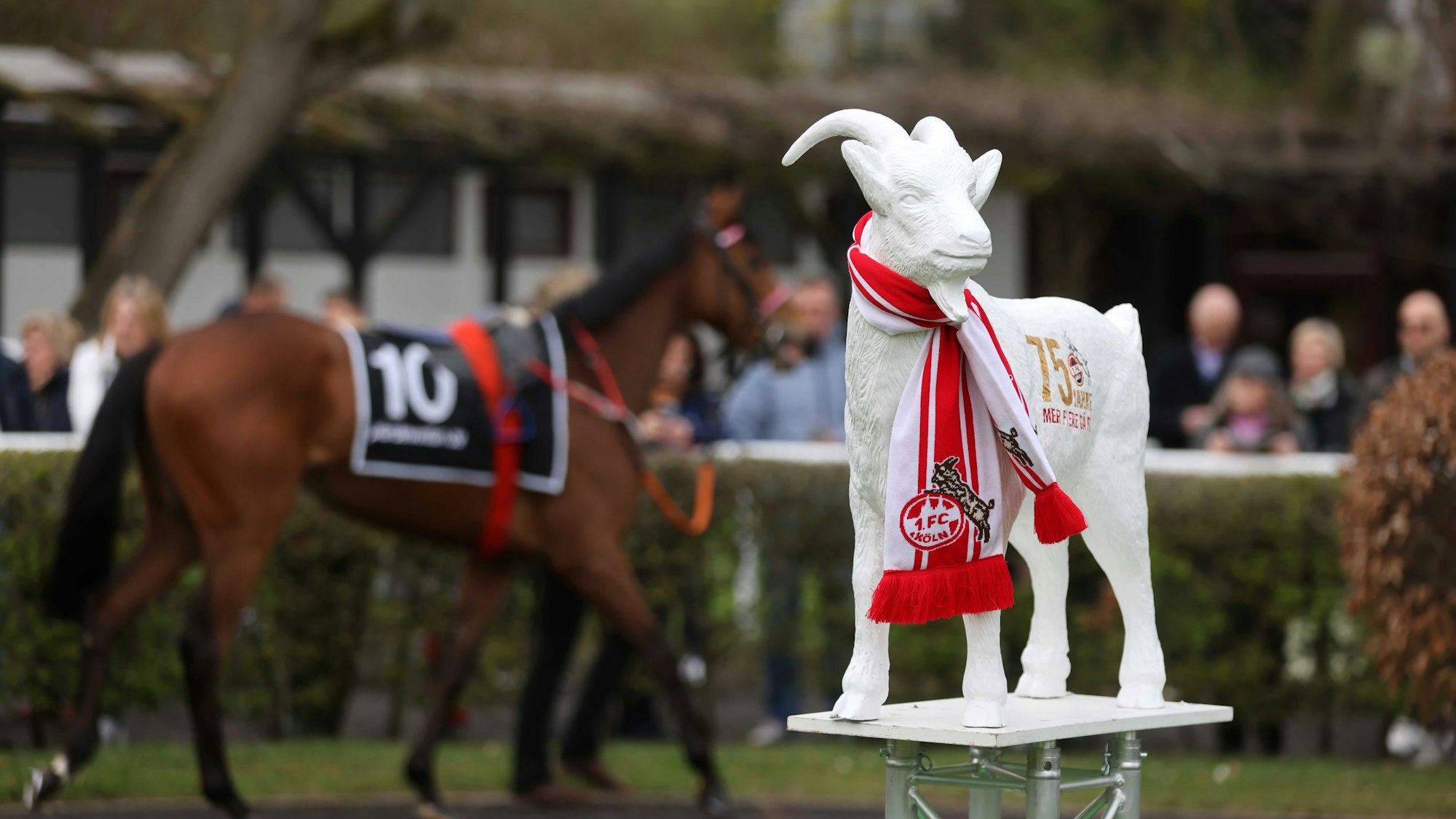 Eine Figur vom Hennes steht an der Rennbahn.
