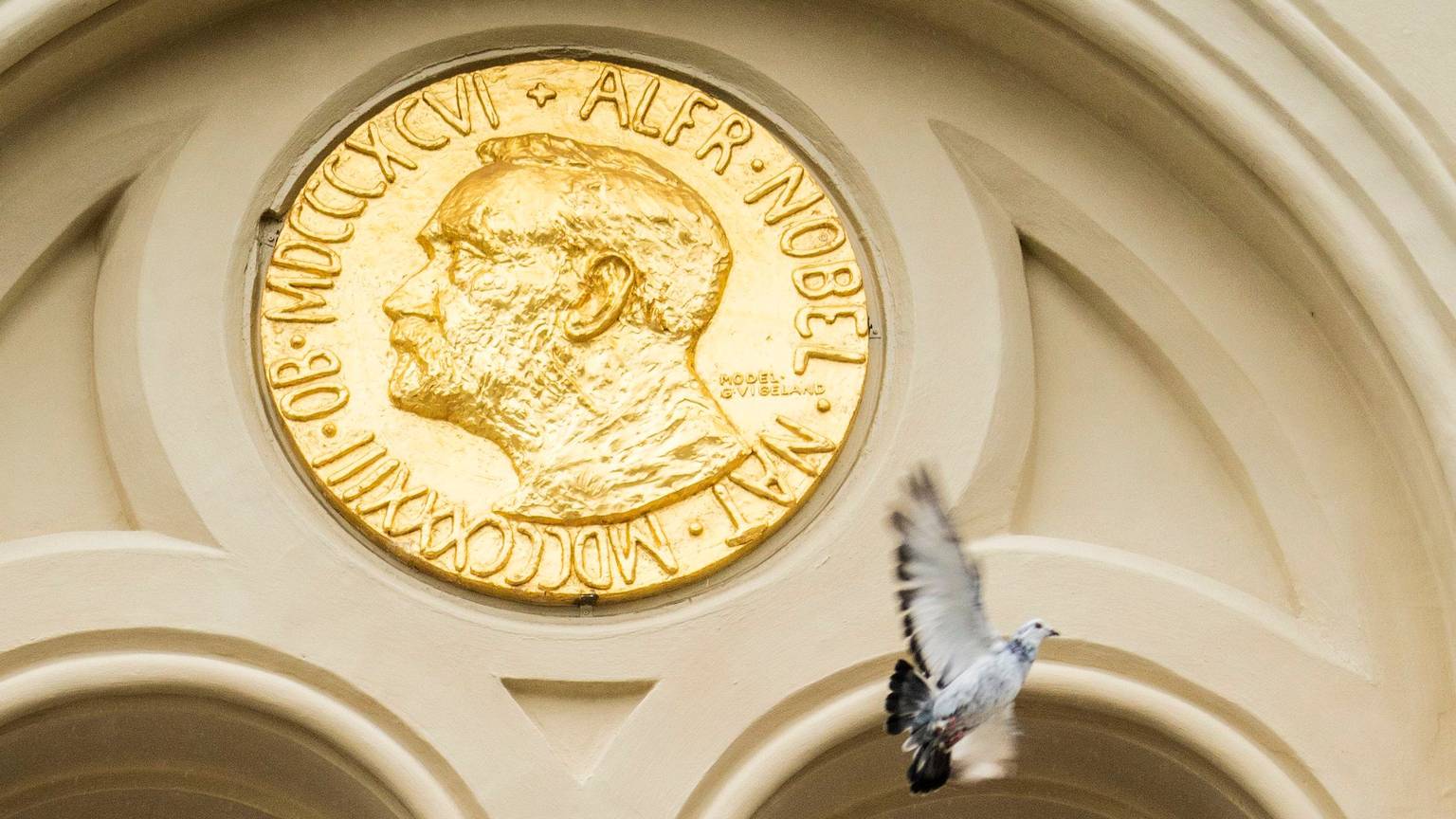 Eine Taube fliegt an einem Eingang vorbei, an dem eine große Münze mit dem Gesicht von Nobel angebracht ist, vorbei.