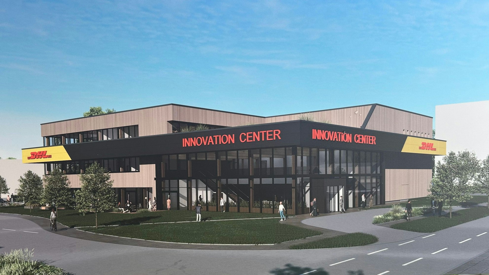 Ein Flachdachbau mit drei Geschossen ist das neue Innovation-Center von DHL in Troisdorf. Bezogen werden soll es 2025.