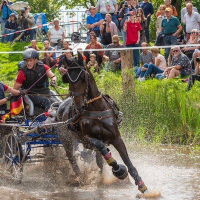 Das Bild zeigt die wilde Fahrt durch ein Wasserhindernis.