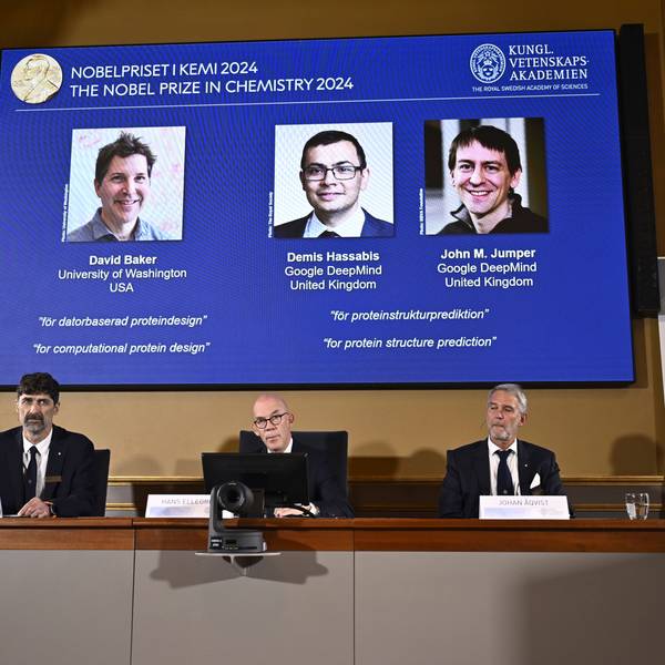Johan Åqvist, member of the Nobel Committee for Chemistry, Hans Ellegren, Permanent Secretary and Heiner Linke, Chairman of the Nobel Committee for Chemistry award this years Nobel Prize in Chemistry to David Baker, Demis Hassabis, and John M Jumper at the Royal Swedish Academy of Sciences, in Stockholm, Sweden, Wednesday, Oct. 9, 2024. (Christine Olsson/TT News Agency via AP)