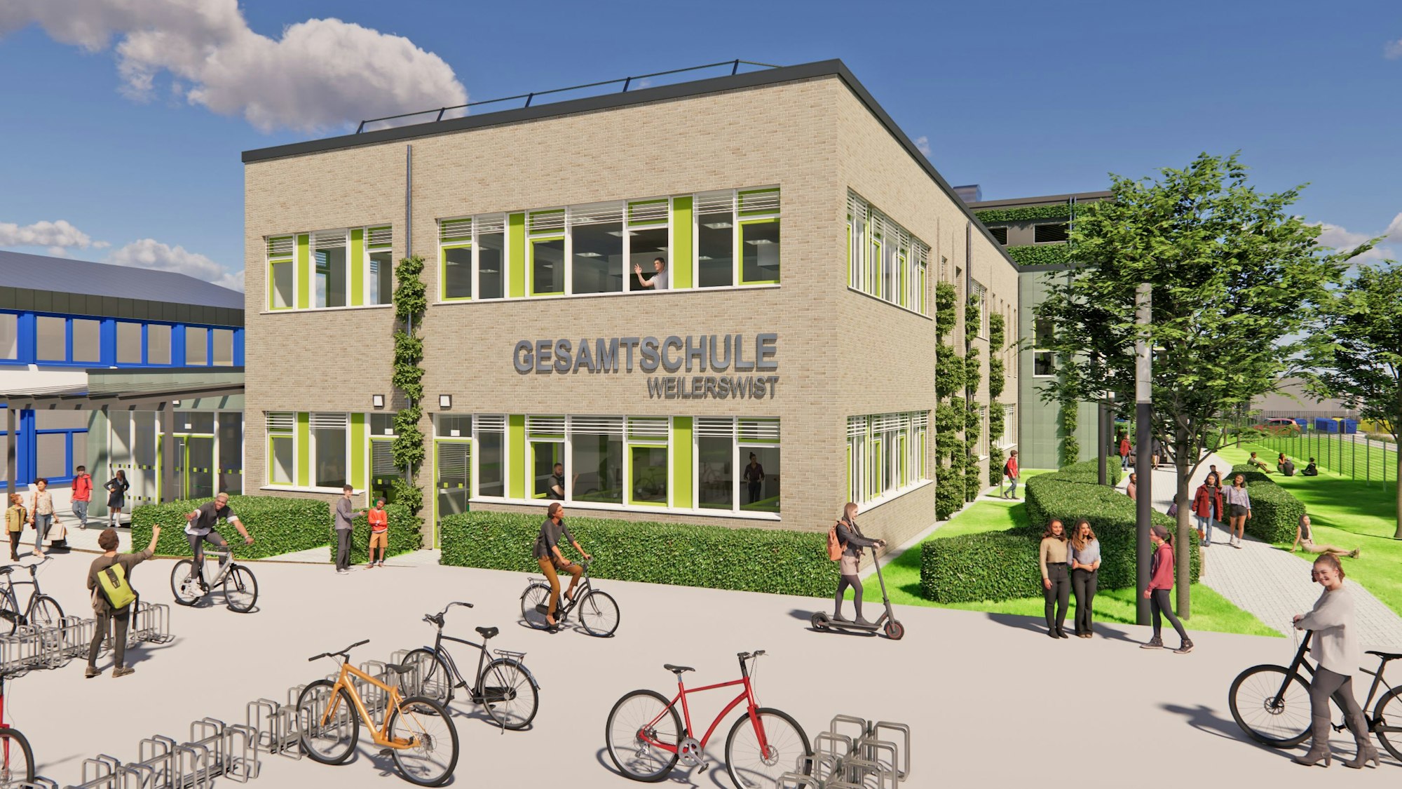 Eine Animation zeigt den geplanten Neubau der Gesamtschule Weilerswist, im Vordergrund eine Freifläche mit Fahrradständern, Schülerinnen und Schülern.