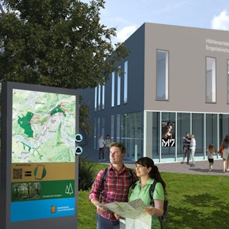 Die Visualisierung des geplanten Höhlenerlebniszentrums in Engelskirchen zeigt Menschen vor dem Eingang des Zentrums.