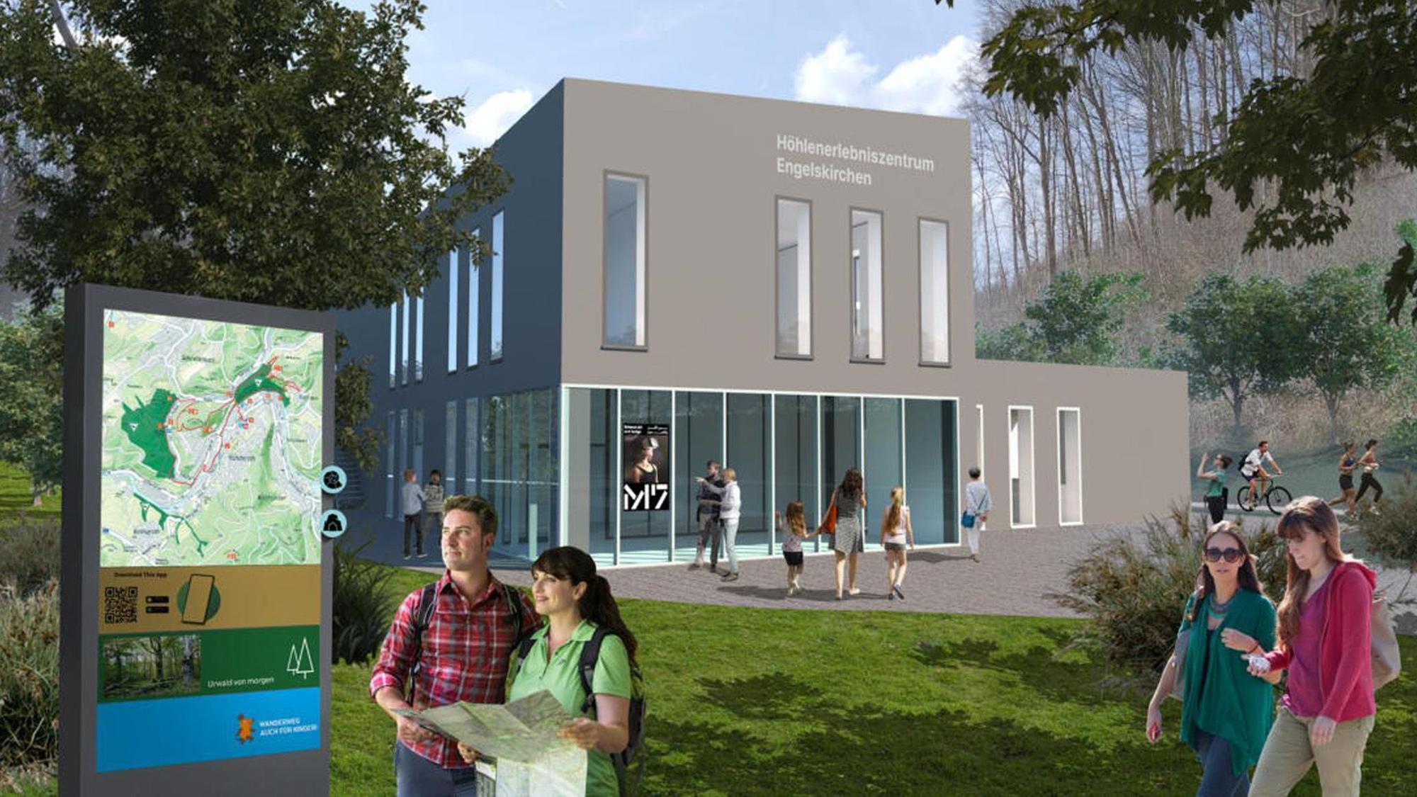 Die Visualisierung des geplanten Höhlenerlebniszentrums in Engelskirchen zeigt Menschen vor dem Eingang des Zentrums.