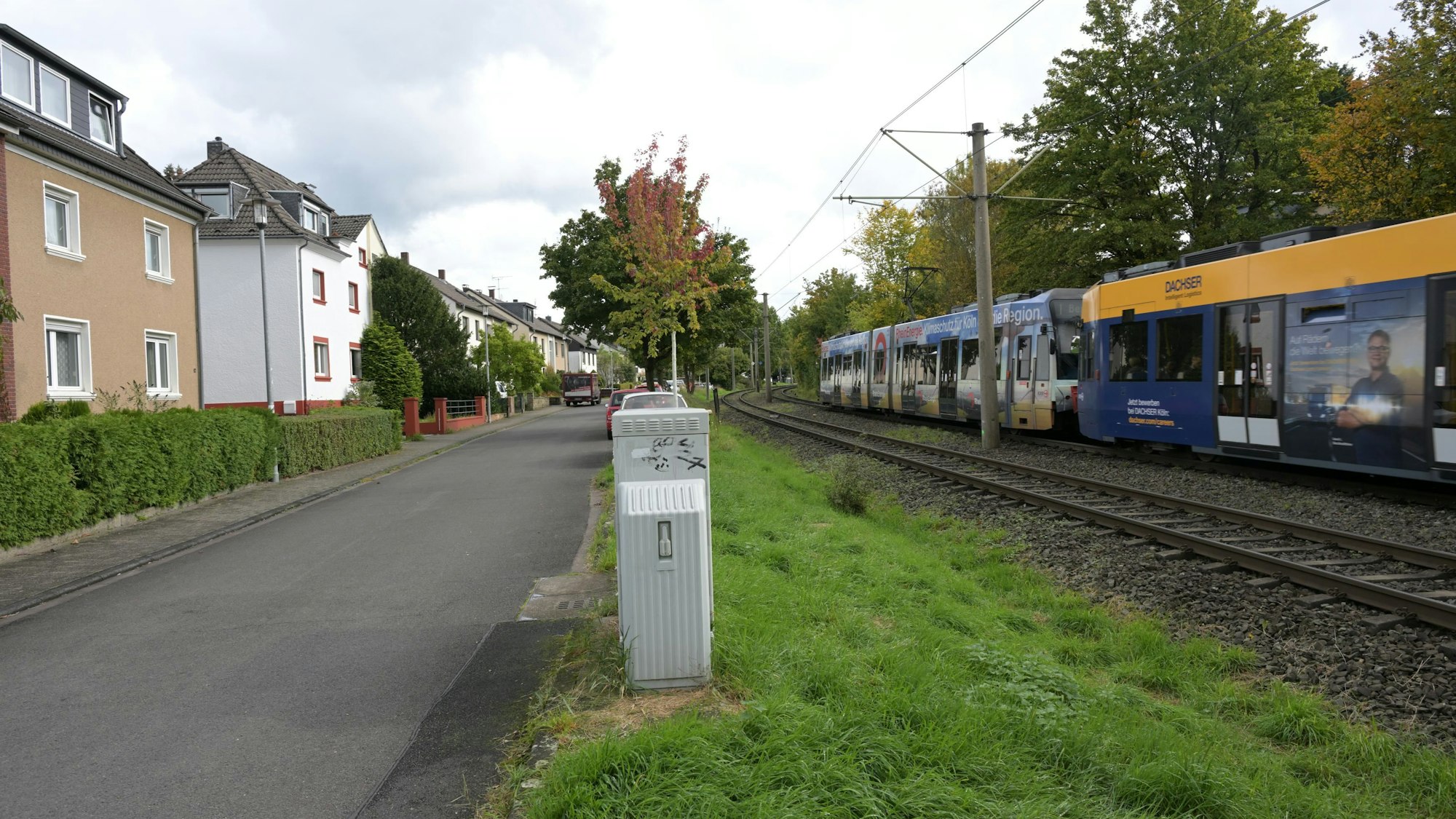 Links stehen Häuser, davor sind Hecken gepflanzt, in der Mitte ist die schmale Fahrbahn, rechts sieht man einen kleinen Grünstreifen, dann kommen die Bahngleise.