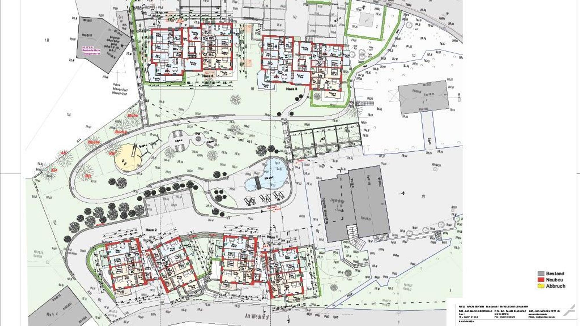 Ein Architektenplan zeigt den Aufriss von vier Mehrfamilienhäusern. Dazwischen eine Grünfläche.