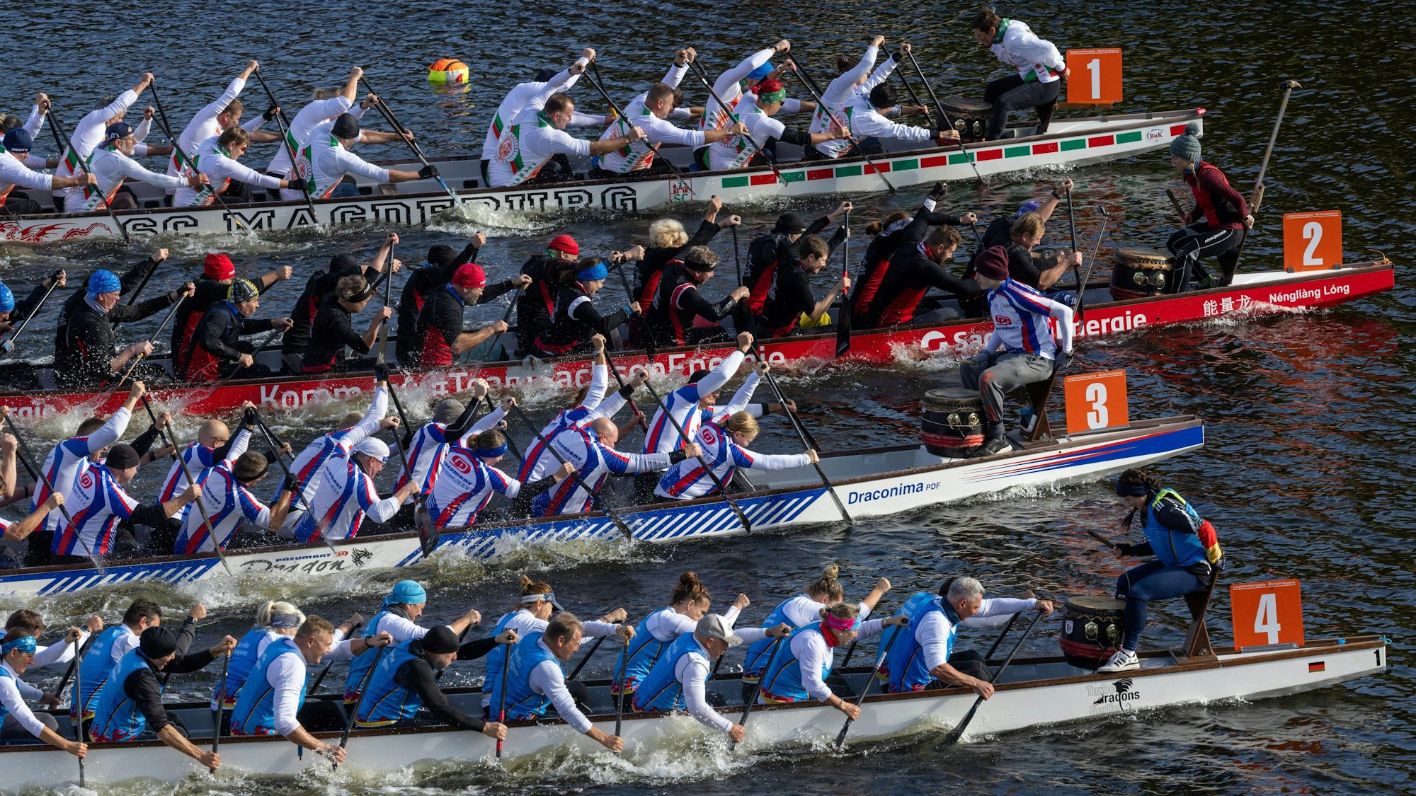 Drachenboote starten auf einen elf Kilometer langen Regatta-Rundkurs über die Bleilochtalsperre.