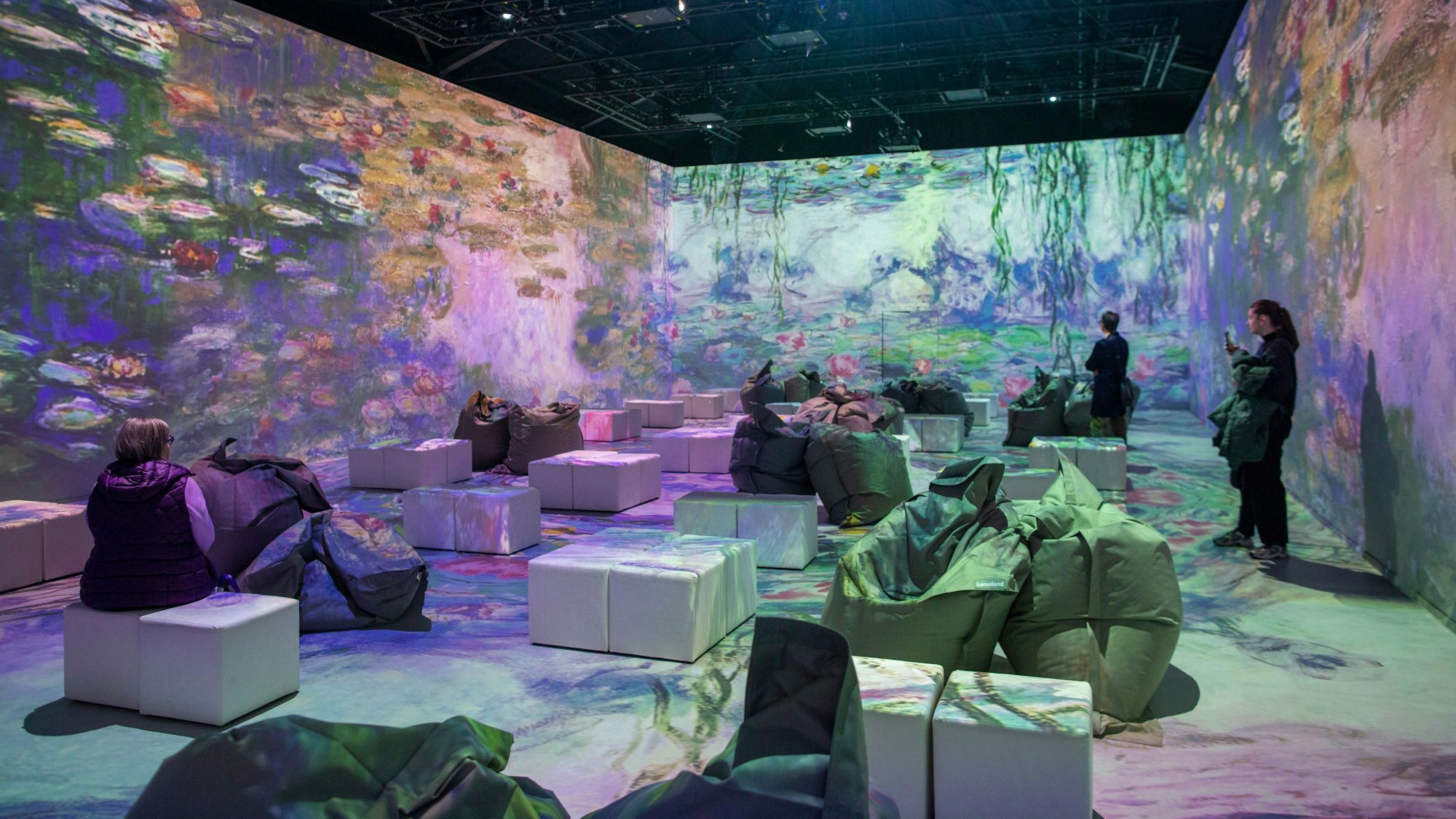 Auf vier Wänden und auf dem Boden wird das Leben von Claude Monet erzählt.