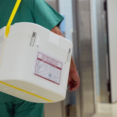 28.09.2012, Berlin: Ein Styropor-Behälter zum Transport von zur Transplantation vorgesehenen Organen wird an einem OP-Saal vorbei getragen.