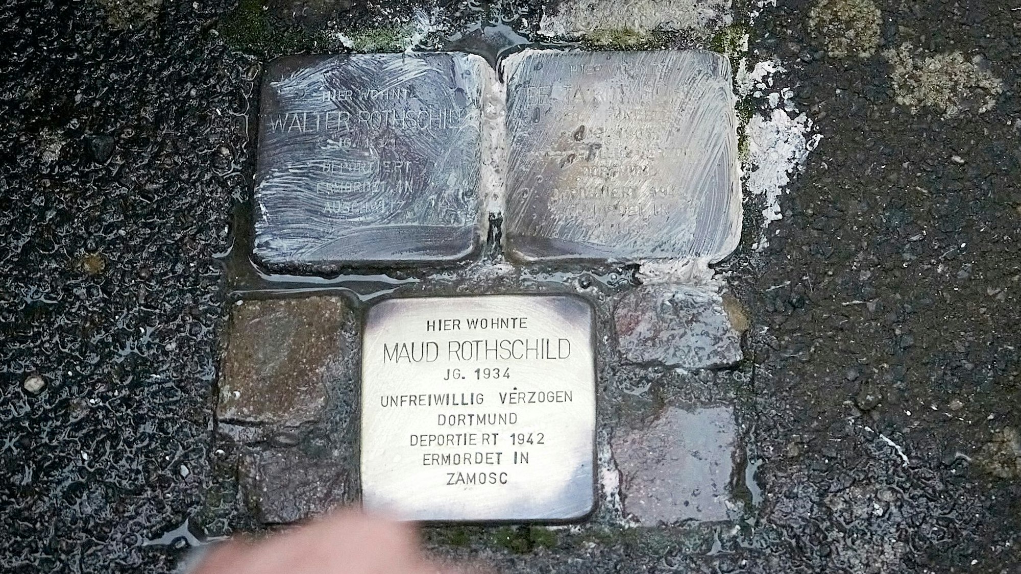 An drei Stolpersteinen, die an die Familie Rothschild erinnern, ist der Erfolg der Putzaktion deutlich zu erkennen: Der Stein oben links hat noch eine deutliche dunkle Patina, der untere glänzt wieder.