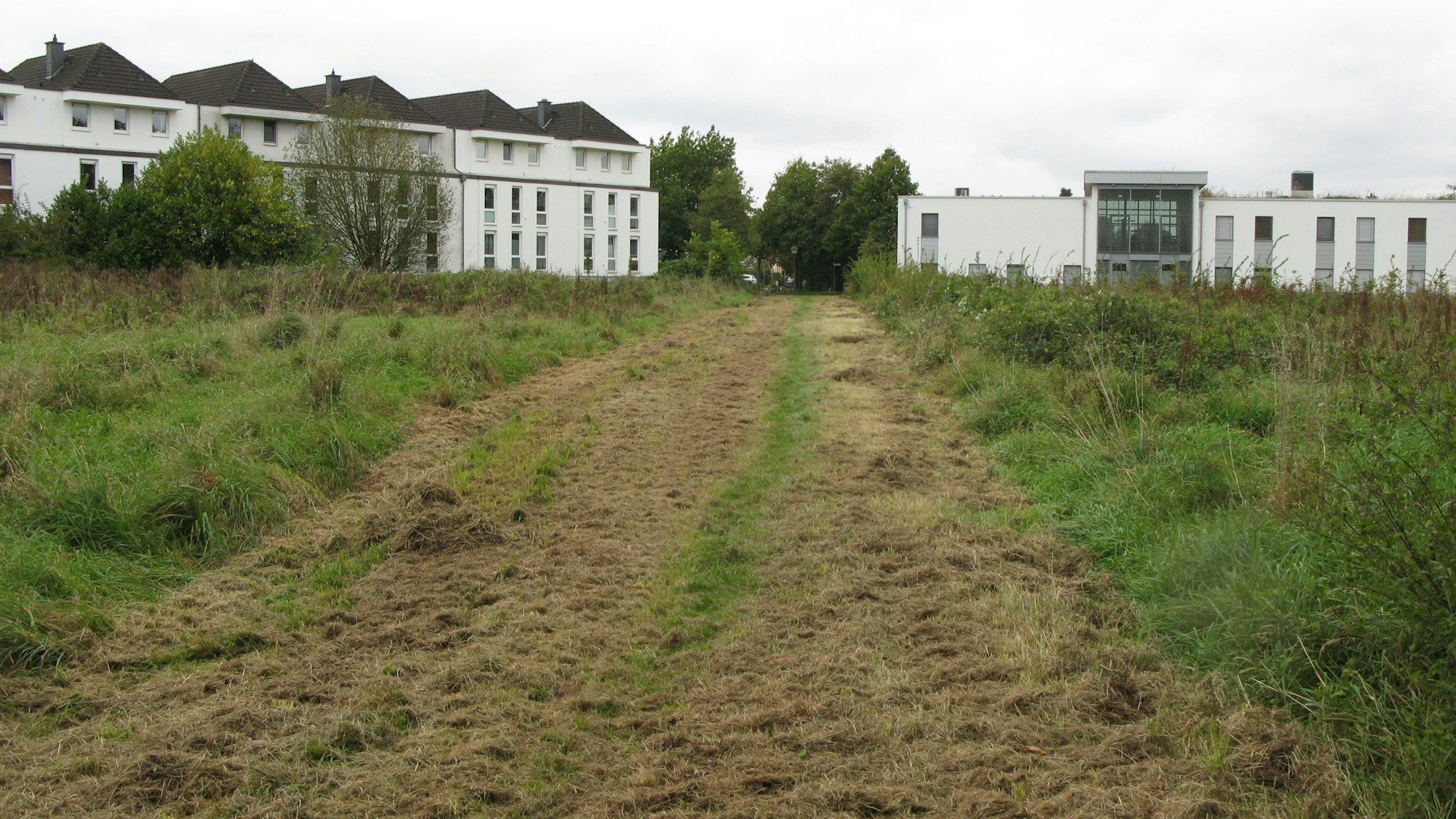 Eine Brachfläche, die von einem Wohngebäuderiegel und einem Gebäude mit Arztpraxen gesäumt ist.