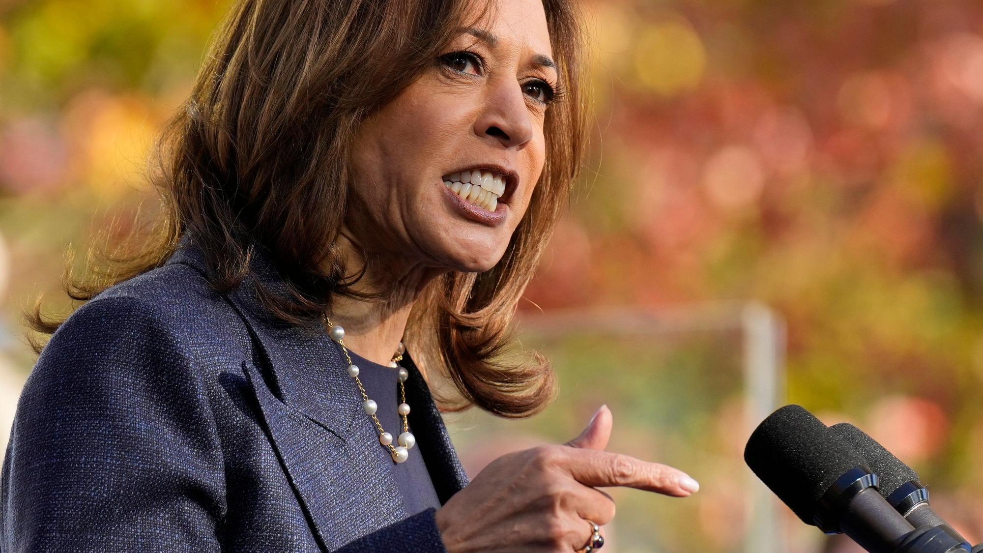 Die demokratische Präsidentschaftskandidatin und US-Vizepräsidentin Kamala Harris spricht bei einer Wahlkampfveranstaltung im Washington Crossing Historic Park.