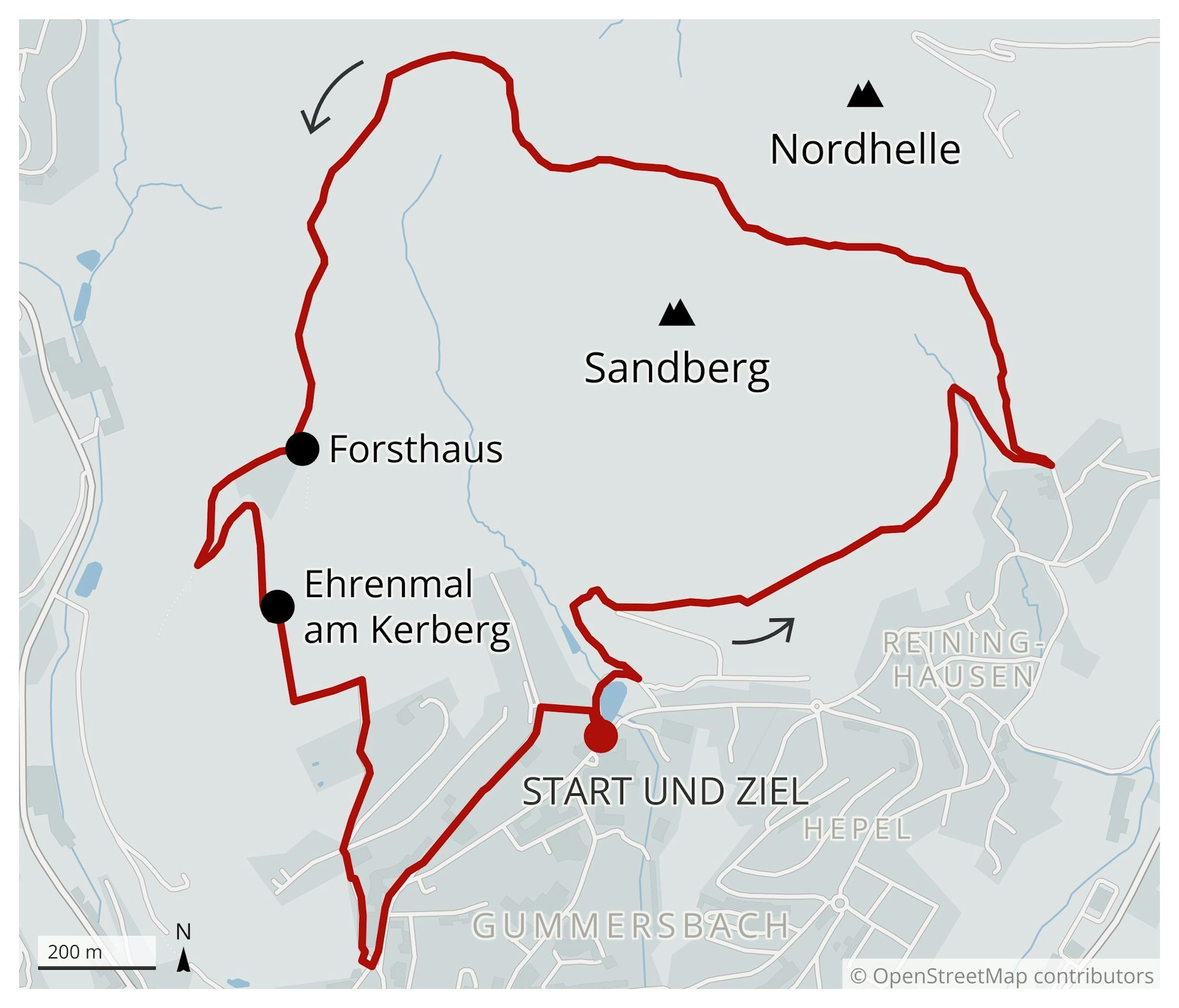 Wanderkarte „Rund um den Gummersbacher Sandberg“ mit dem eingezeichneten Weg.