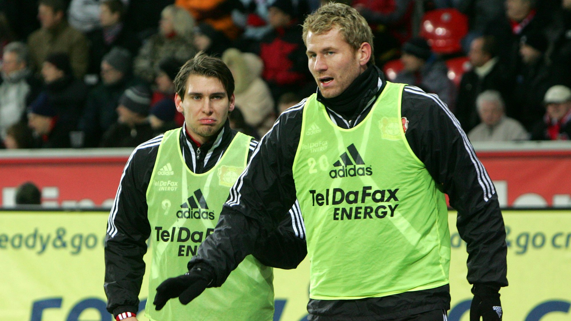 Patrick Helmes (l) und Lukas Sinkiewicz (r) bei Bayer 04 Leverkusen.