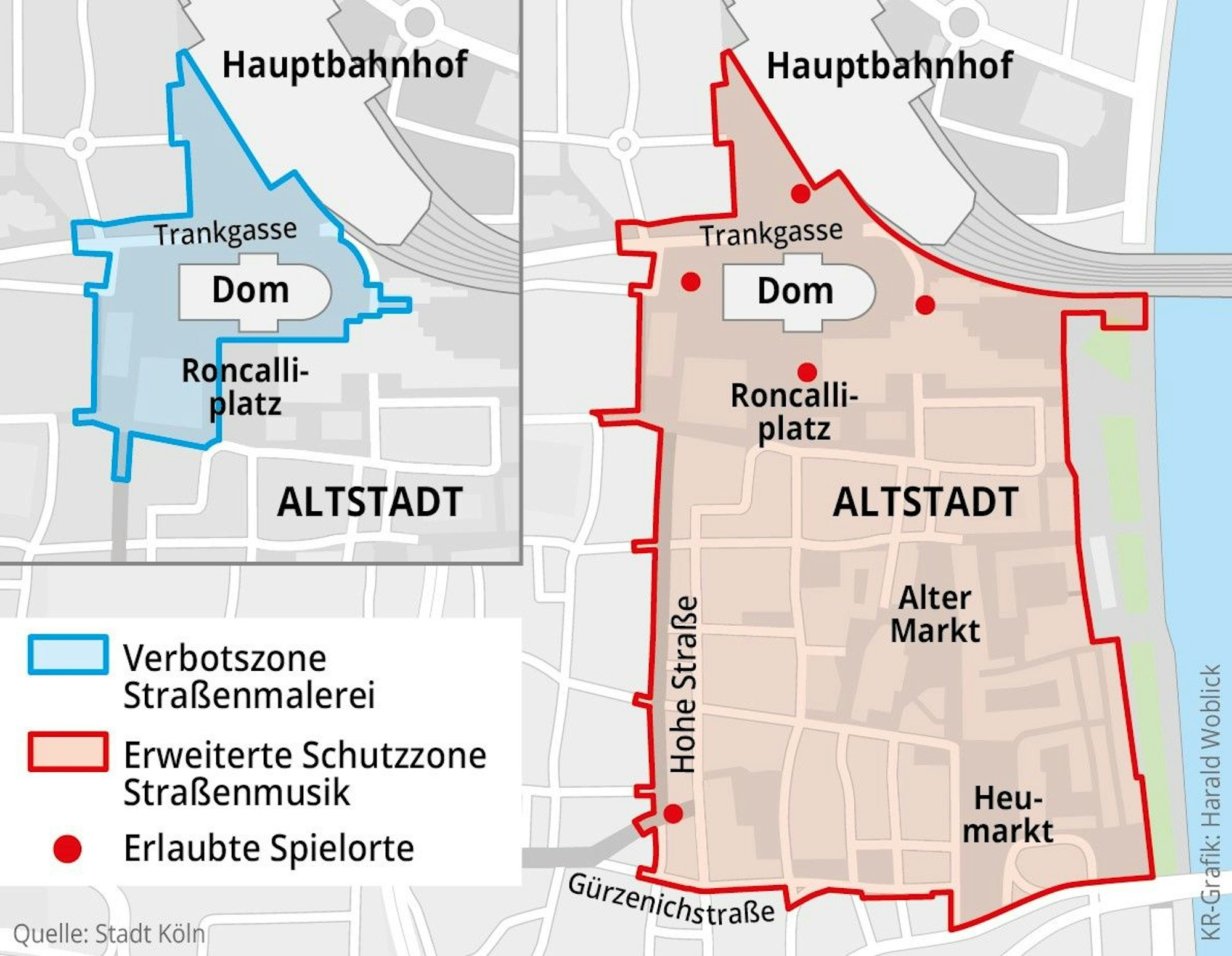 Im Bereich Dom und Altstadt will die Stadt Köln eine Verbotszone für Straßenmalerei einrichten und die Schutzzone Straßenmusik erweitern.
