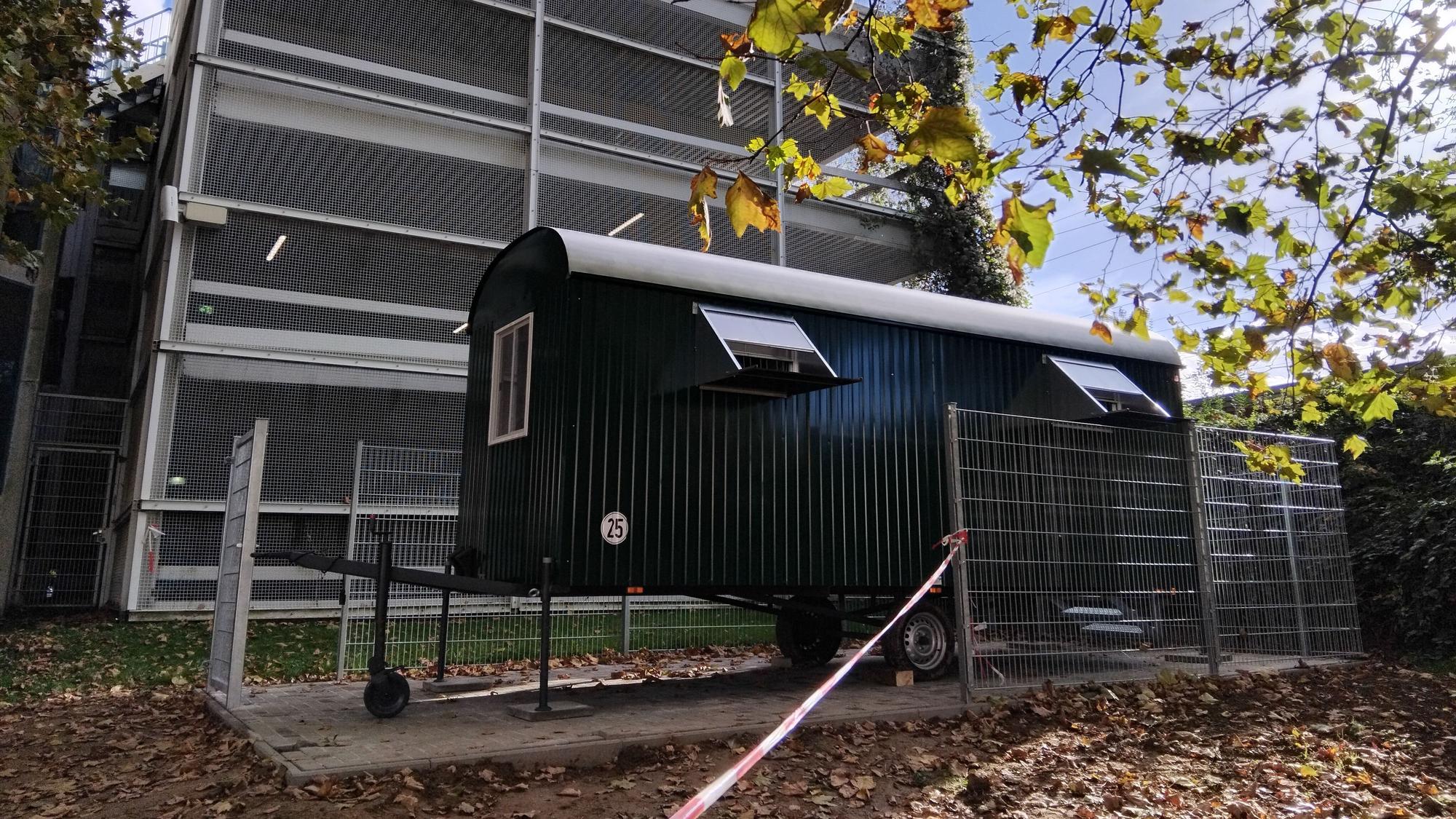 Die Stadt Siegburg hat gemeinsam mit dem Verein "Taubenhaus Management" einen Taubenwagen neben dem Siegburger Bahnhof aufgestellt.