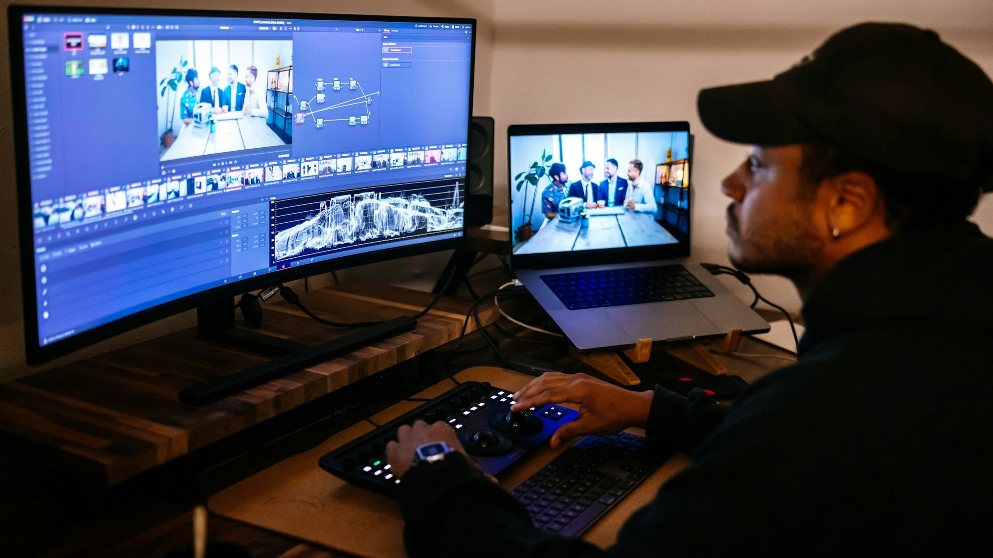 Henner Peda am Schneidetisch in der Kölner Produktionsfirma „Filmschneiderei“.