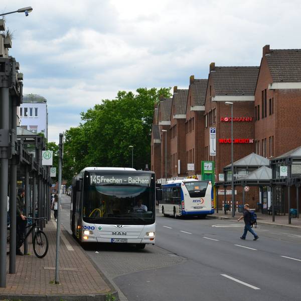Das Foto zeigt einen Bus an einem Busbahnhof.