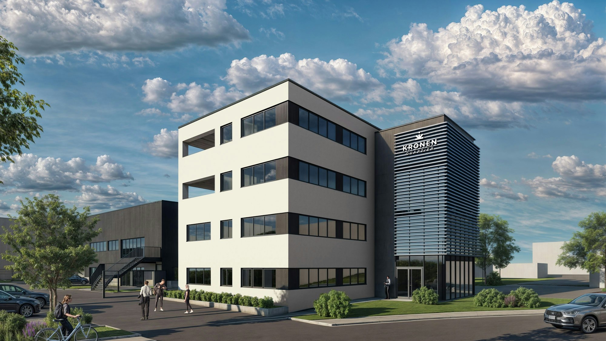 Die Computerdarstellung eines modernen Bürogebäudes mit einer angebauten Gewerbehalle.