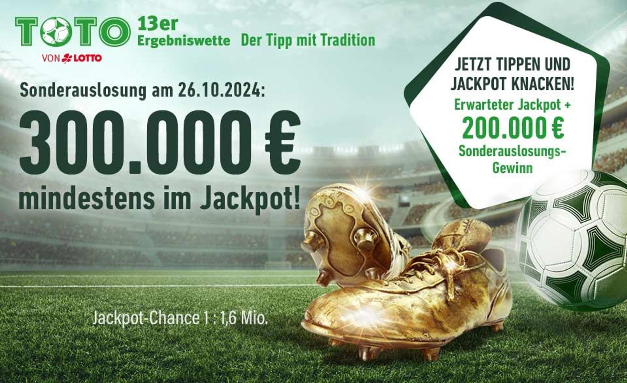 13 Spielpaarungen umfasst die TOTO 13er Ergebniswette. Und wer den Ausgang dieser Begegnungen richtig tippt, knackt den Jackpot. In der Wettrunde vom 26. Oktober sitzt sogar noch mehr drin: Dann wird der Jackpot per bundesweiter Sonderauslosung um 200.000 Euro erhöht.