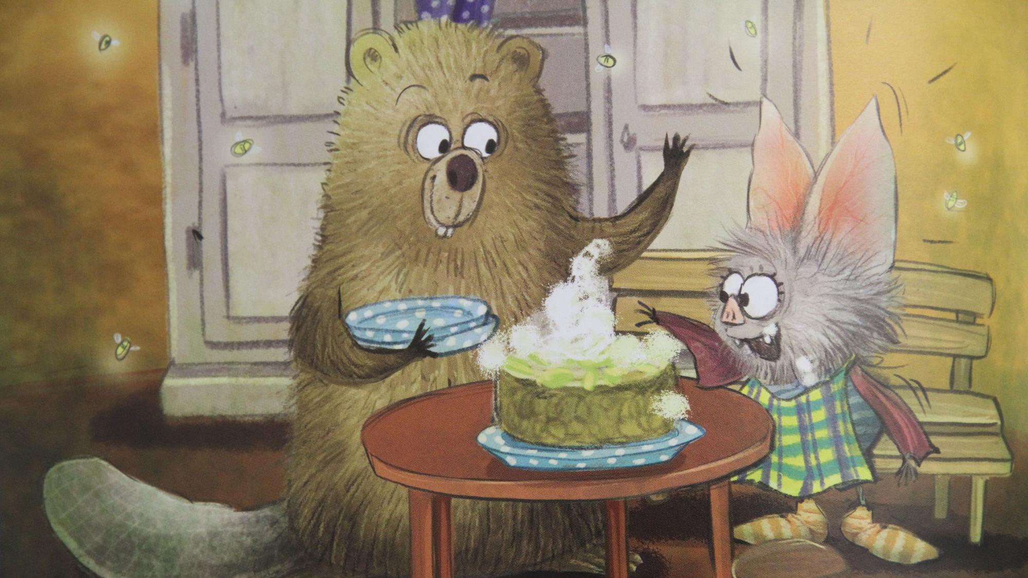 Ein Biber und eine Fledermaus mit einer Geburtstagsorte, Zeichnung für ein Kinderbuch