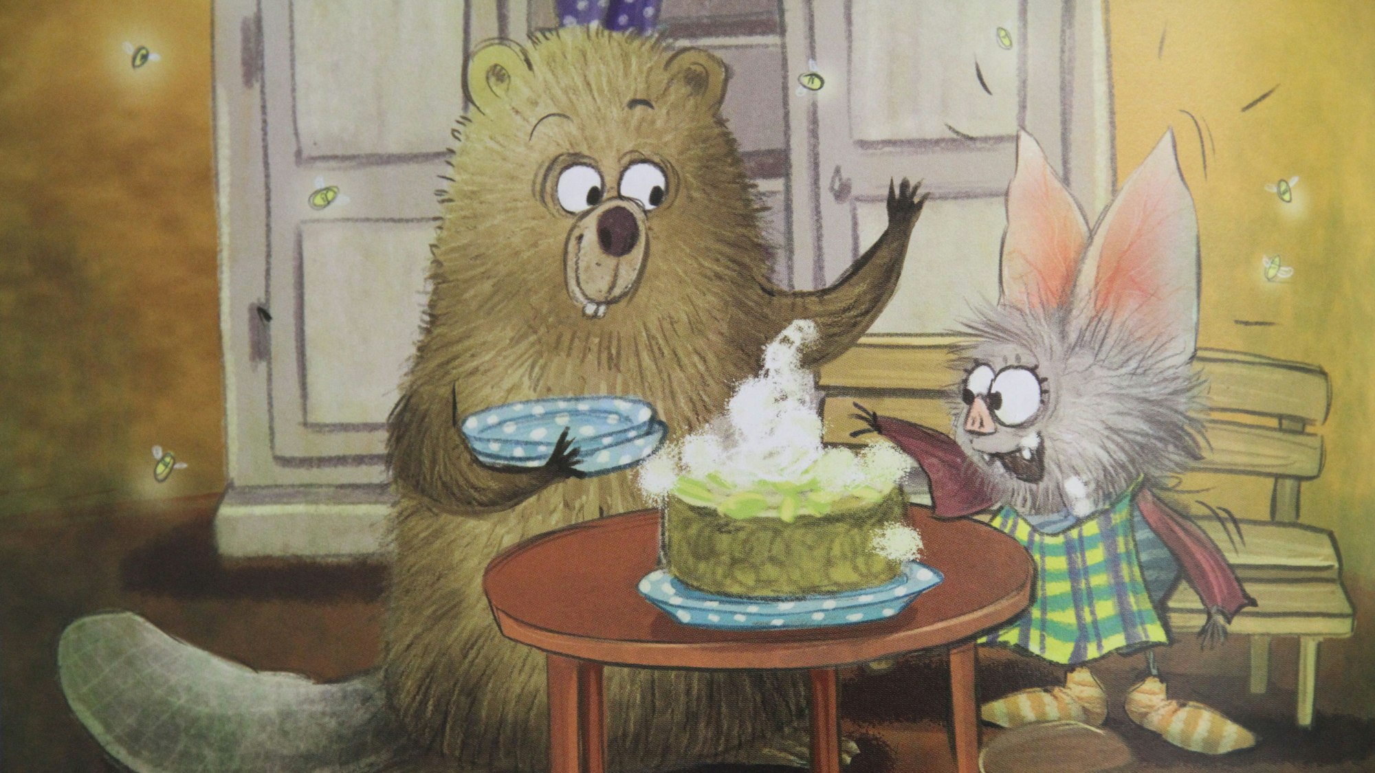 Ein Biber und eine Fledermaus mit einer Geburtstagsorte, Zeichnung für ein Kinderbuch
