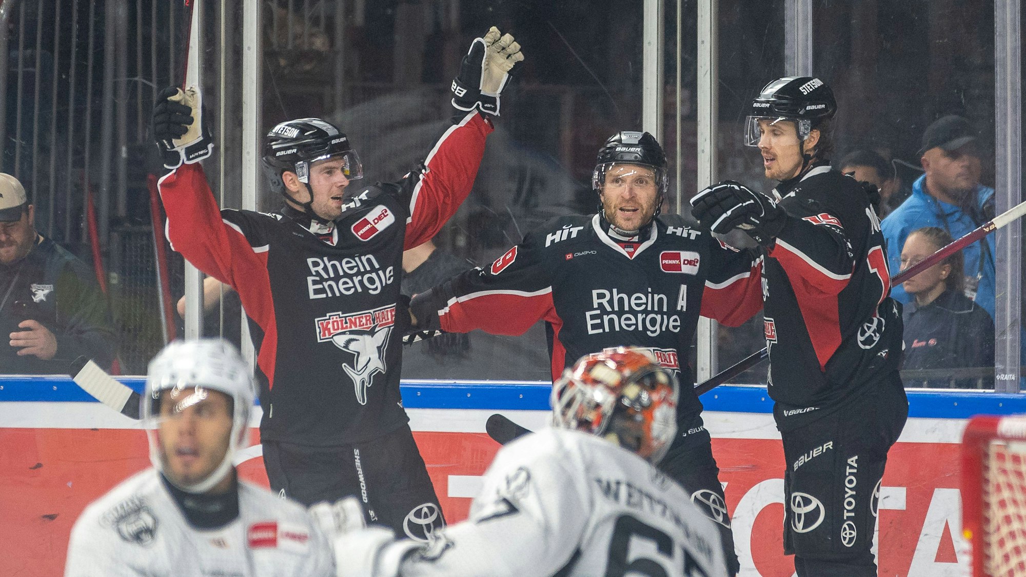 27.10.2024, Eishockey: Penny DEL, Saison 2024/2025, 13. Spieltag, Kölner Haie - Grizzlys Wolfsburg in der Lanxess Arena in Köln. Die Koelner Spieler bejubeln das Tor zum 2:1. Foto: Kirchner-Media/TH *** 27 10 2024, Ice Hockey Penny DEL, Season 2024 2025, Matchday 13, Cologne Sharks Grizzlys Wolfsburg at the Lanxess Arena in Cologne The Cologne players celebrate the goal for 2 1 Photo Kirchner Media TH Copyright: xKirchner-Media/THx