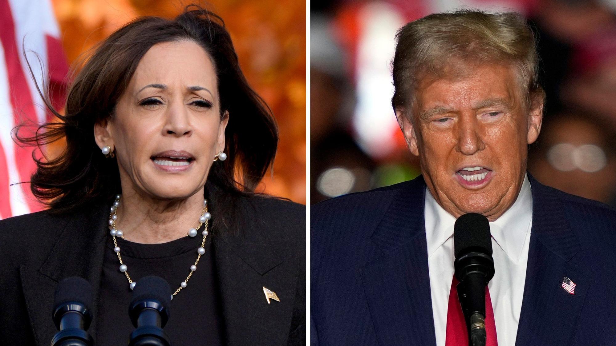 Archivfotos zeigen die demokratische Präsidentschaftskandidatin Kamala Harris (l) bei einer Wahlkampfveranstaltung am 18. Oktober 2024 in Grand Rapids, Michigan, und den republikanischen Präsidentschaftskandidaten und ehemaligen Präsidenten Donald Trump bei einer Wahlkampfveranstaltung am 22. Oktober 2024 in Greensboro, New York.