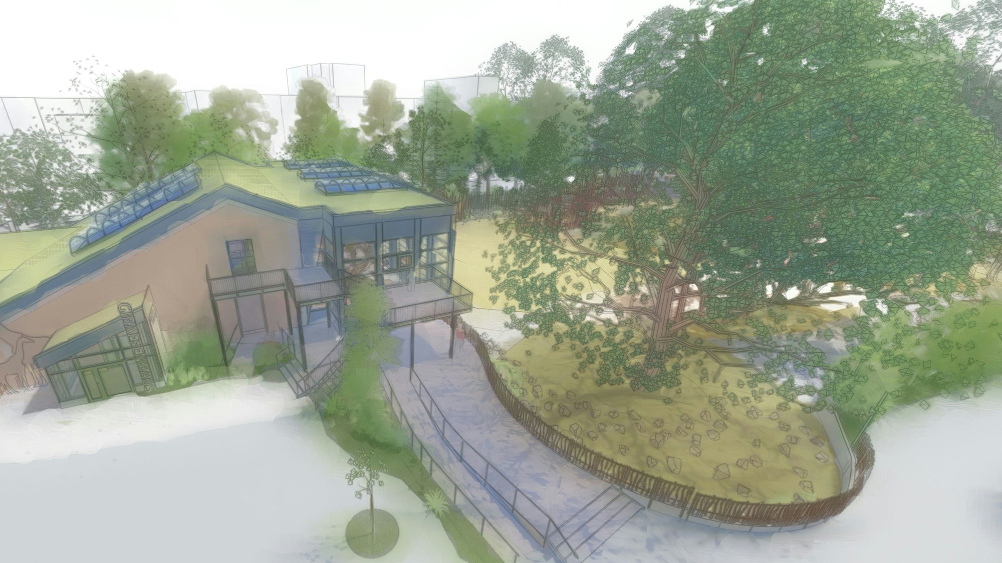 So wird das neue Haus aussehen. Für die Besuchenden ist ein gläserner Anbau geplant, von dem aus sie die Giraffen gut beobachten können.