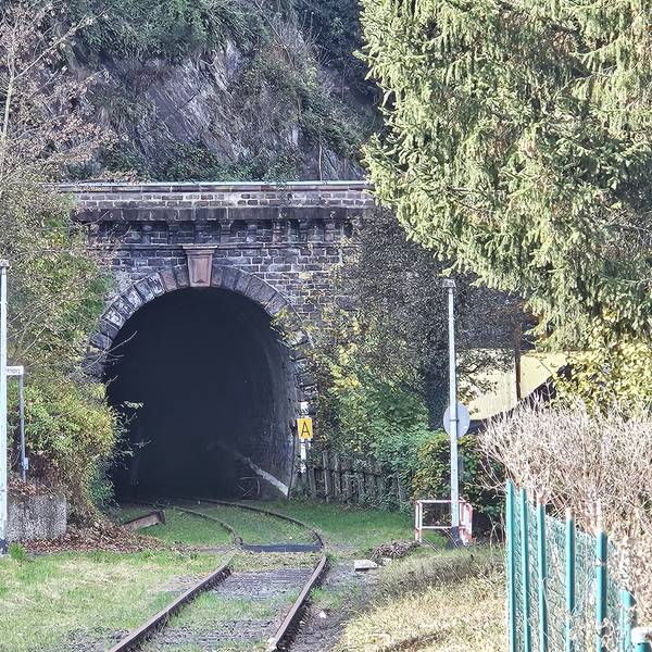 Bei Gemünd führen die Schienen der Oleftalbahn in einen Tunnel.