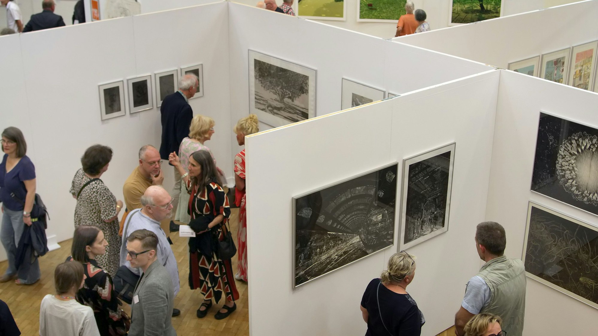 Auf dem Bild sind Ausstellungswände mit Kunst sowie die Besucher im Stadtsaal zu sehen.