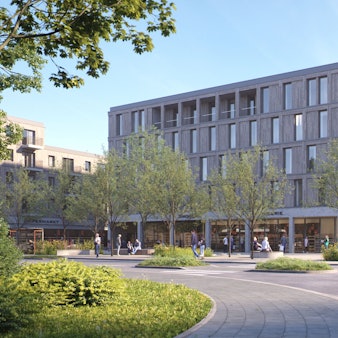 Ein neuer Kreisverkehr Ecke Sürther, Eygelshovener Straße soll zukünftig in das Zentrum „Neue Mitte Michaelshoven“ führen. (Visualisierung)