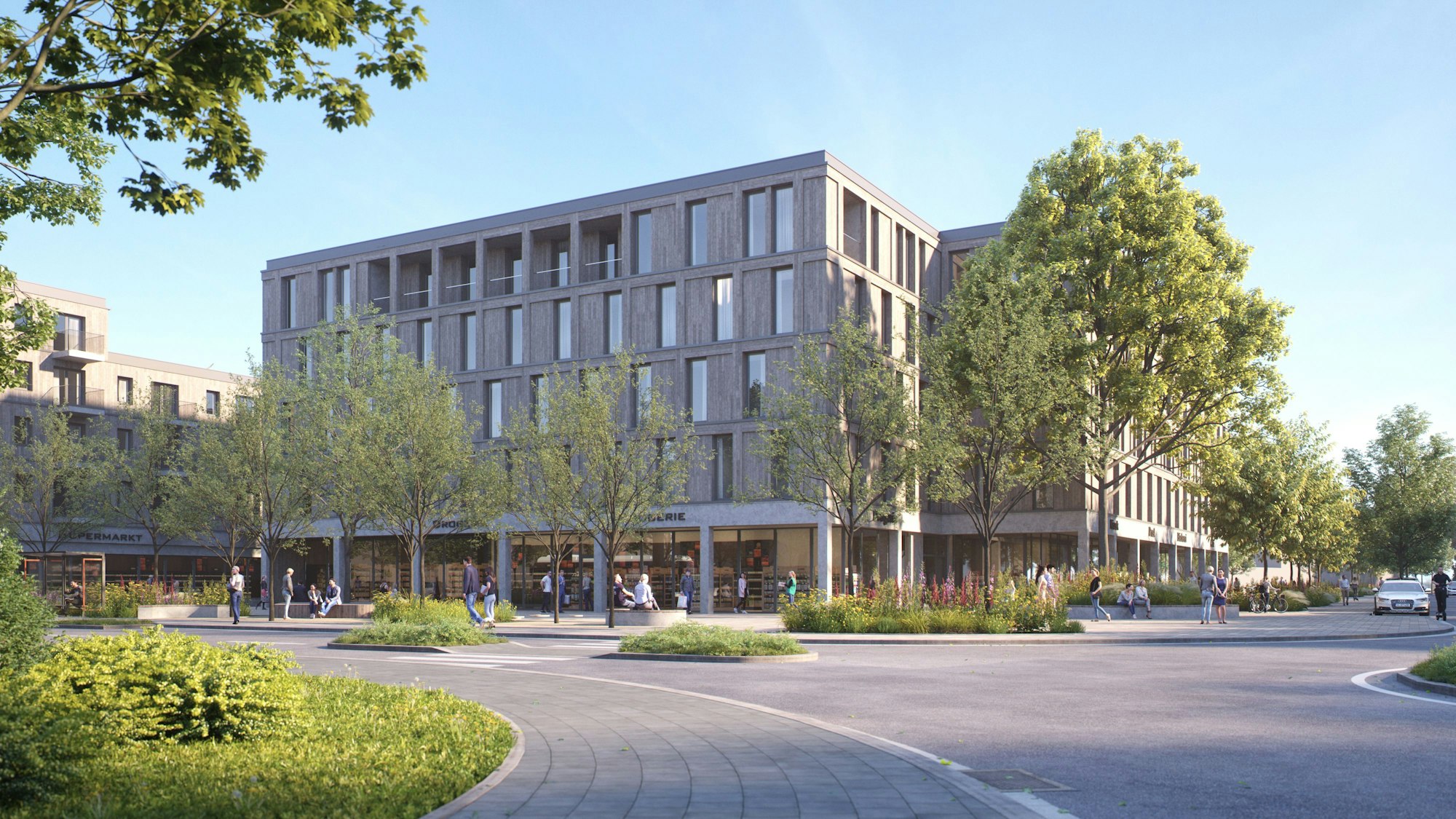 Ein neuer Kreisverkehr Ecke Sürther, Eygelshovener Straße soll zukünftig in das Zentrum „Neue Mitte Michaelshoven“ führen. (Visualisierung)