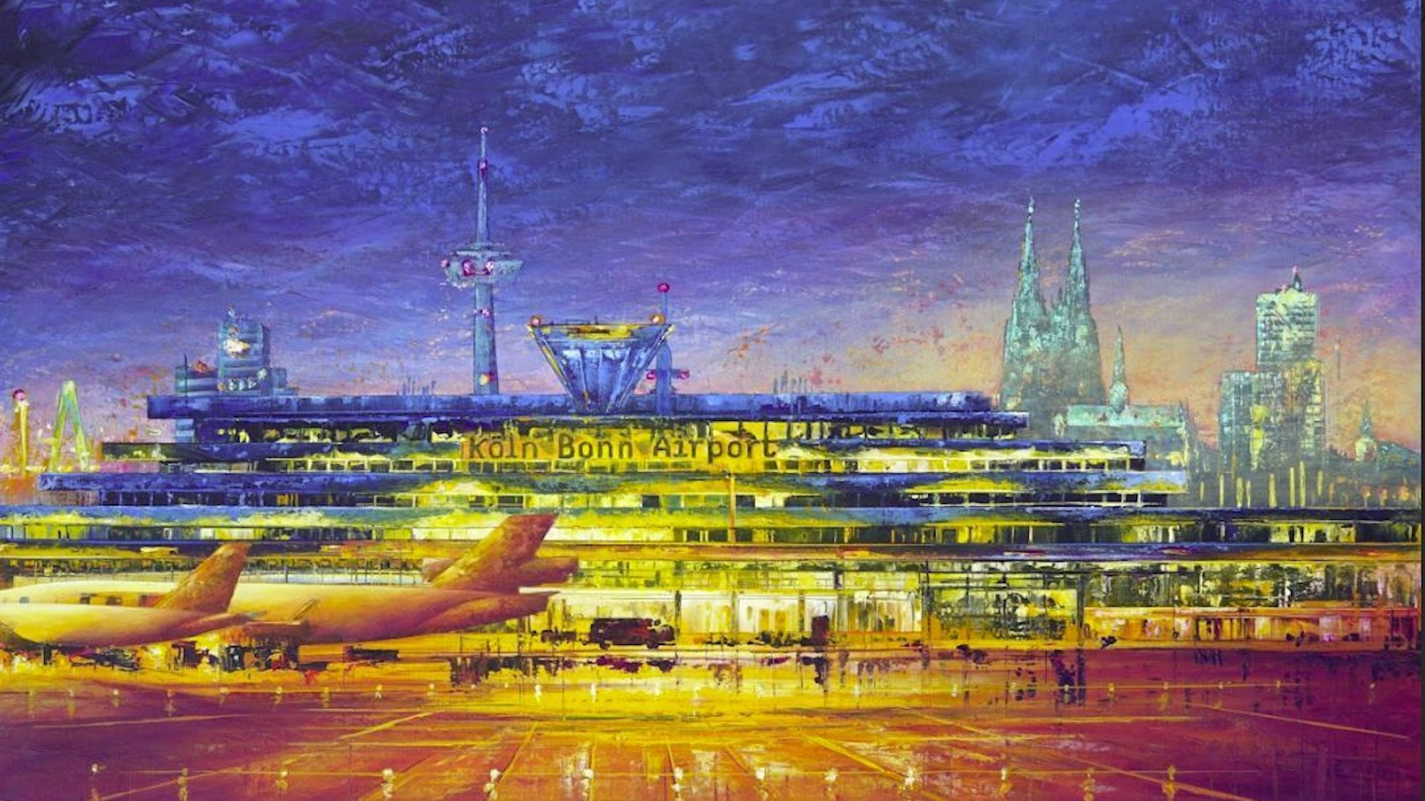 Ansicht eines Gemäldes, das den Flughafen Köln/Bonn zeigt mit dem Dom im Hintergrund.
