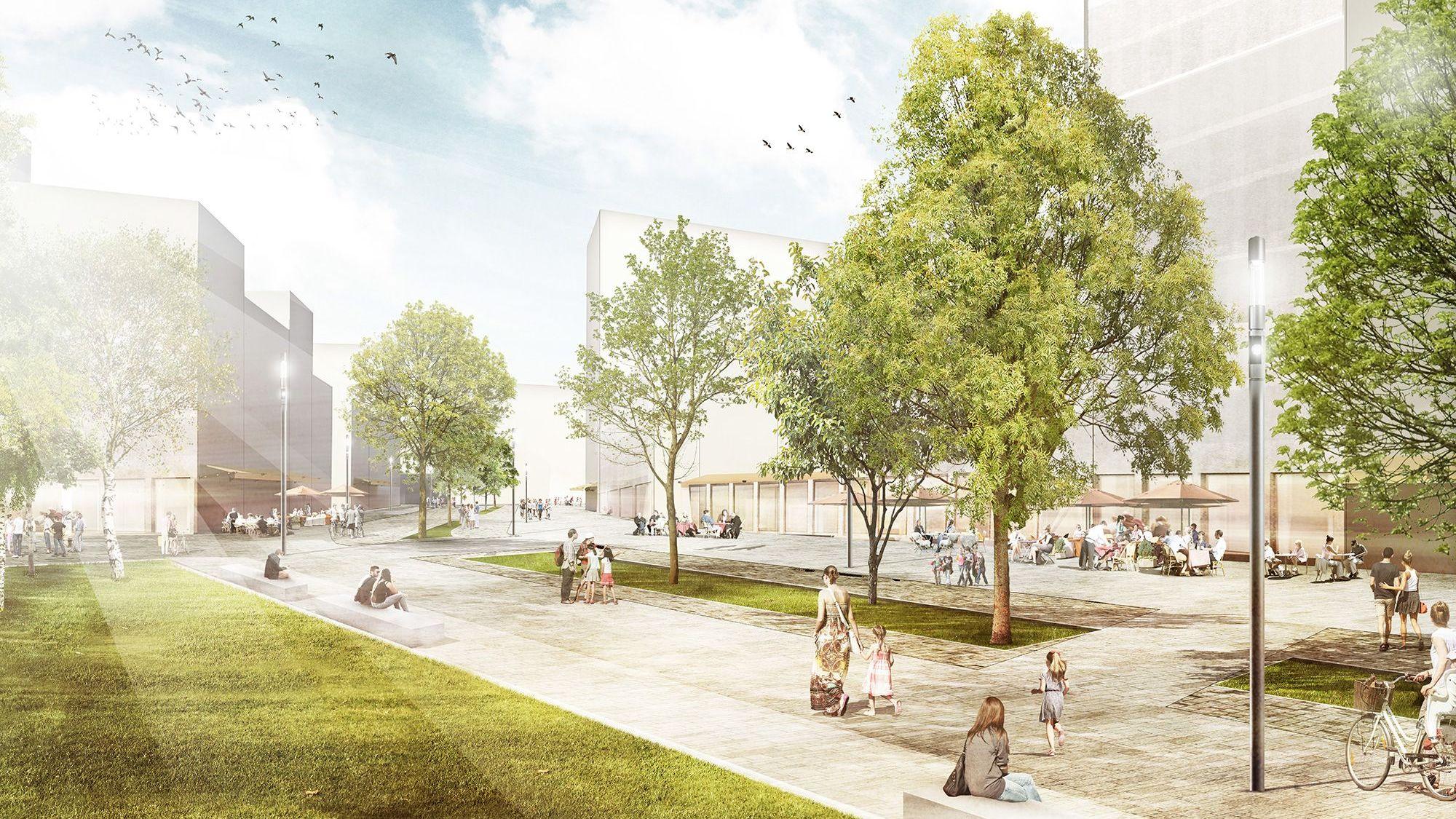 Eine breite Allee inmitten von Gebäuden zeigt eine Visualisierung der Parkstadt.