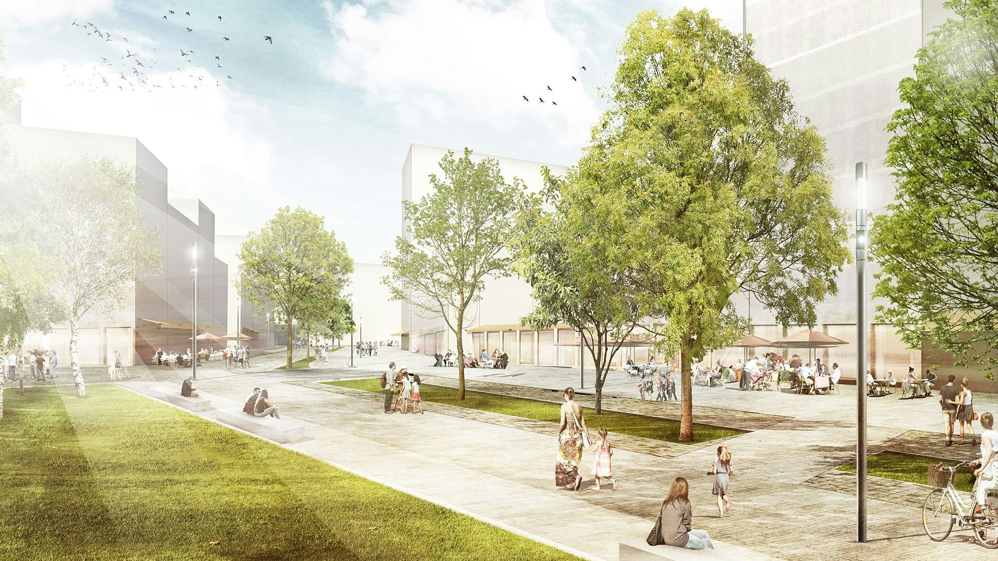 Eine breite Allee inmitten von Gebäuden zeigt eine Visualisierung der Parkstadt.