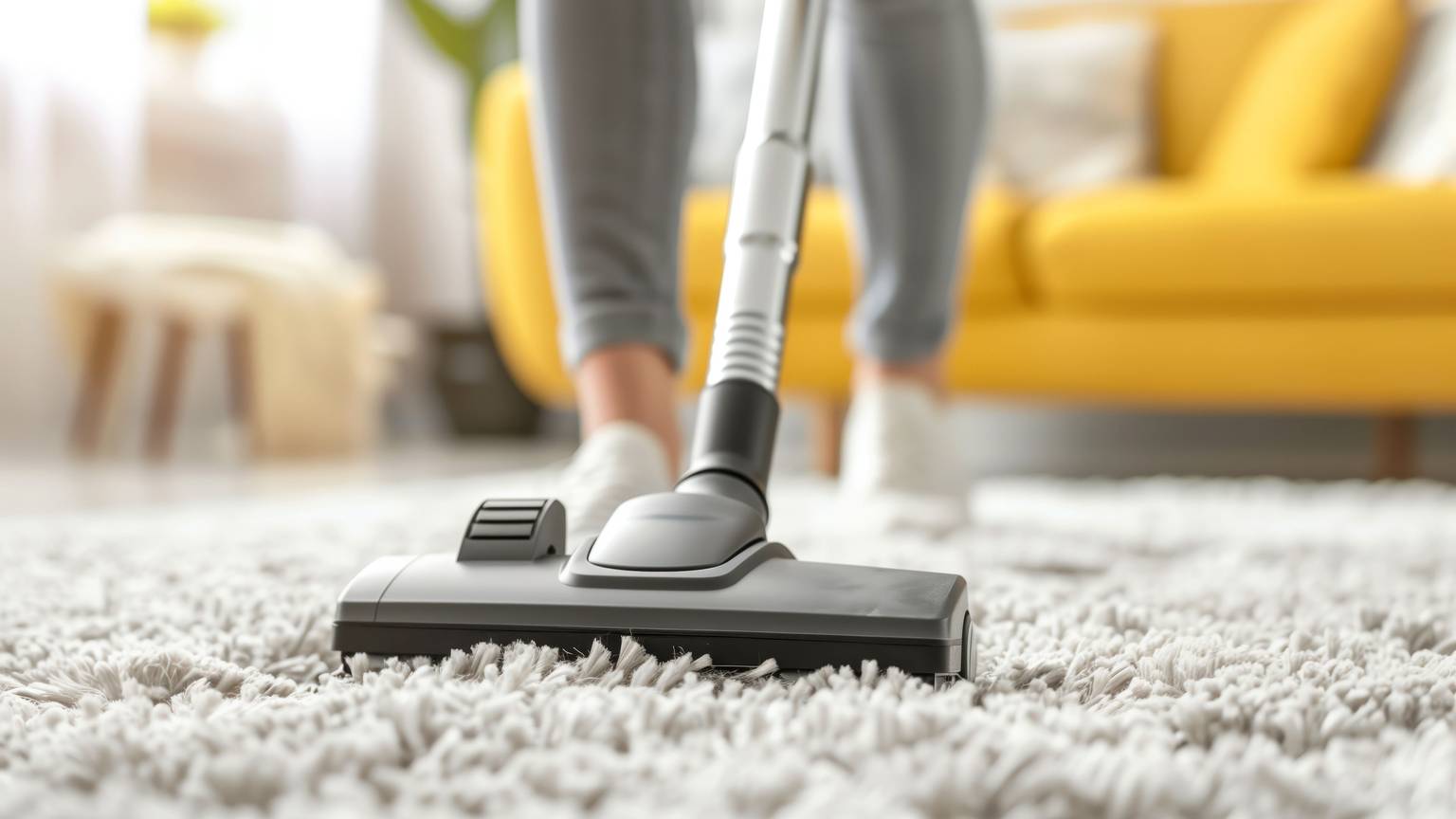 Person saugt Teppich im Wohnzimmer mit Staubsauger.