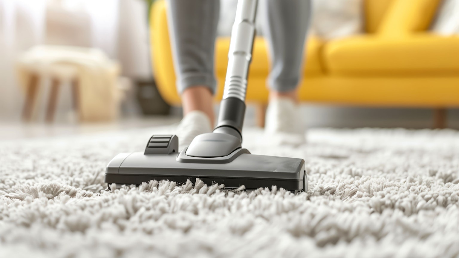 Person saugt Teppich im Wohnzimmer mit Staubsauger.
