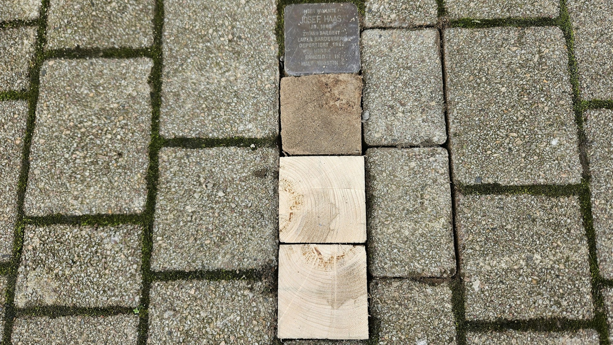 Drei fehlende Steine in der Dreiborner Straße sind durch Stücke aus Holzbalken ersetzt.