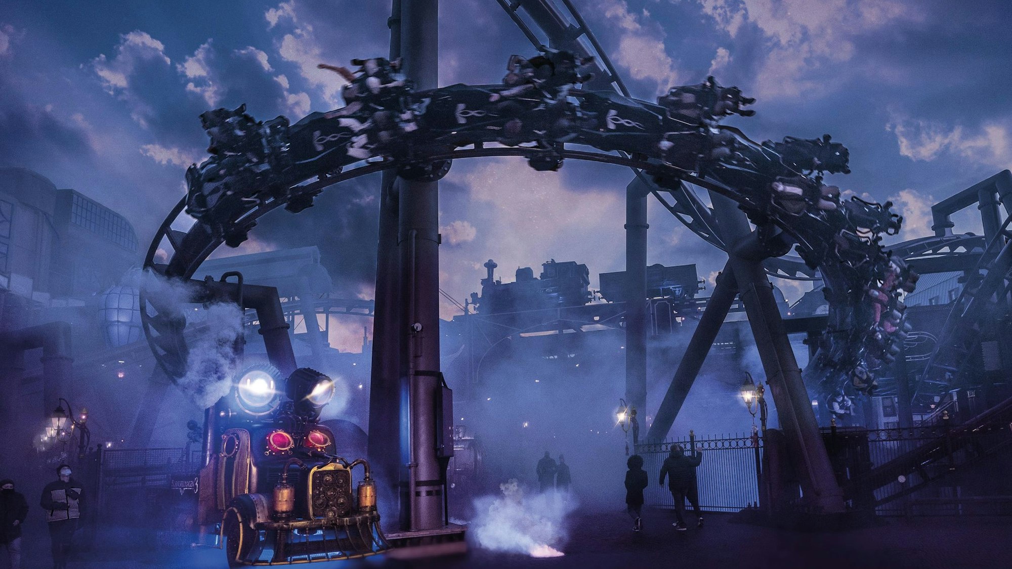 Zu sehen ist die Achterbahn F.L.Y. in der Themenwelt Rookburgh.