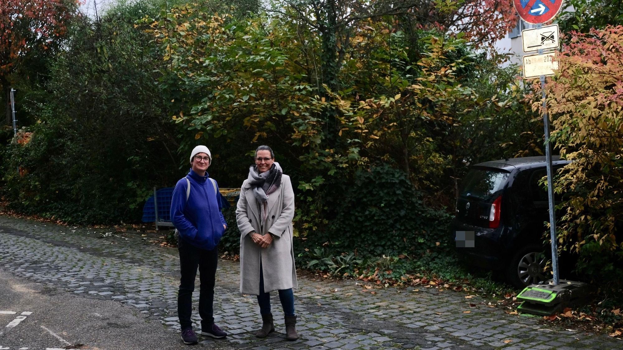 Die Anwohnerinnen Britta Schüßling und Silke Göhler (v.l.) vor dem Grünstreifen auf dem Kringsweg.
