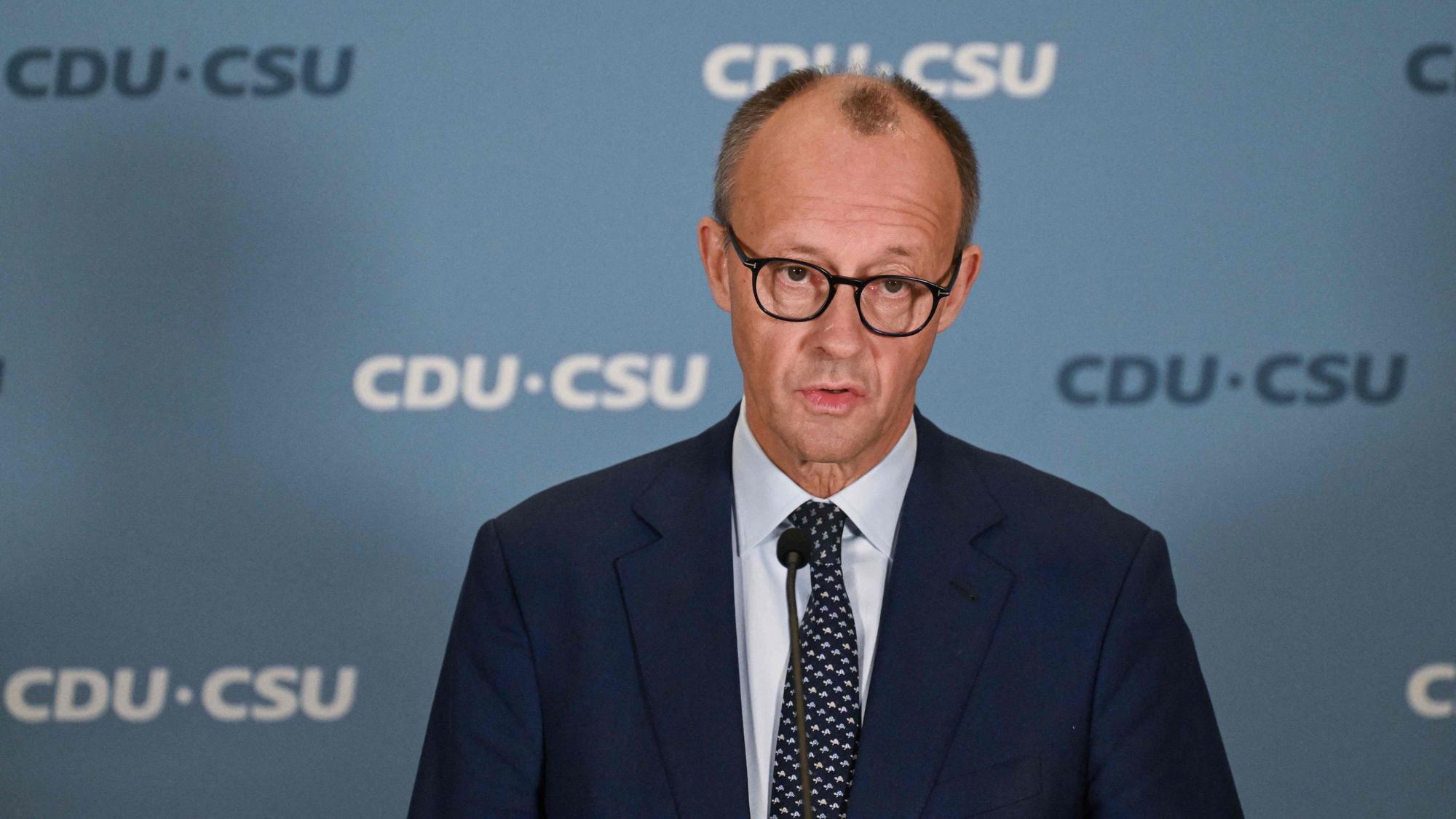 The leader of Germany's Christian Democratic Union (CDU) Friedrich Merz speaks to media at the Bundestag, Germany's lower house of parliament in Berlin, on November 7, 2024.