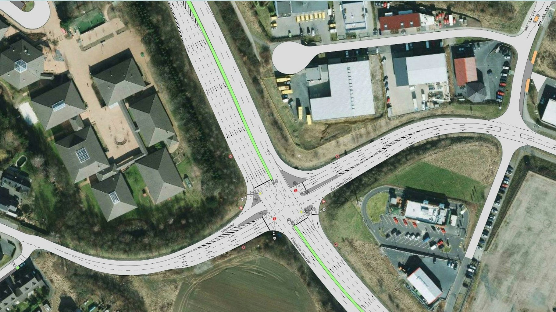 Blick von oben auf die Großkreuzung mit den skizzierten Veränderungen.