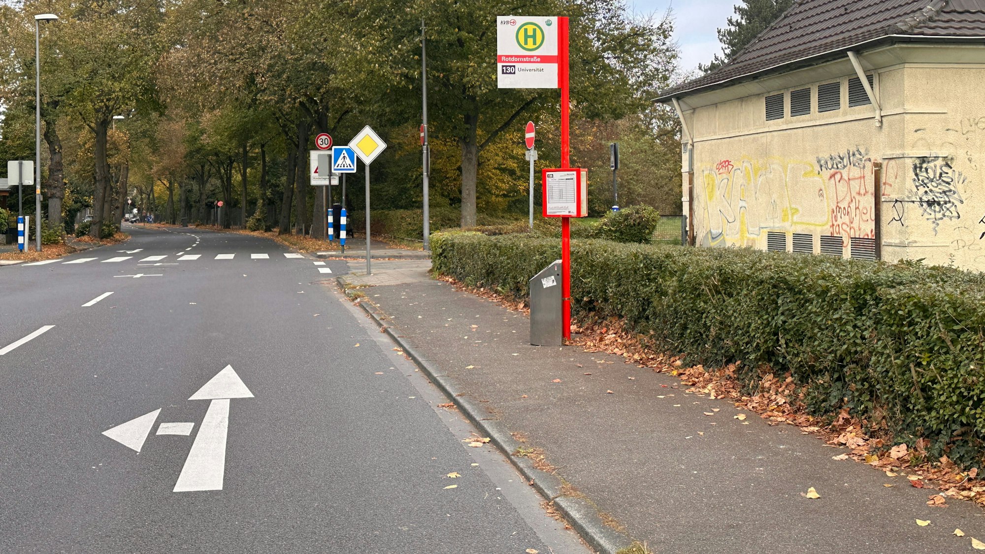 Bürgersteig verbreitern, Haltestelle versetzen oder Hecke entfernen: An der Haltestelle Rotdornstraße soll mehr Platz geschaffen werden.
