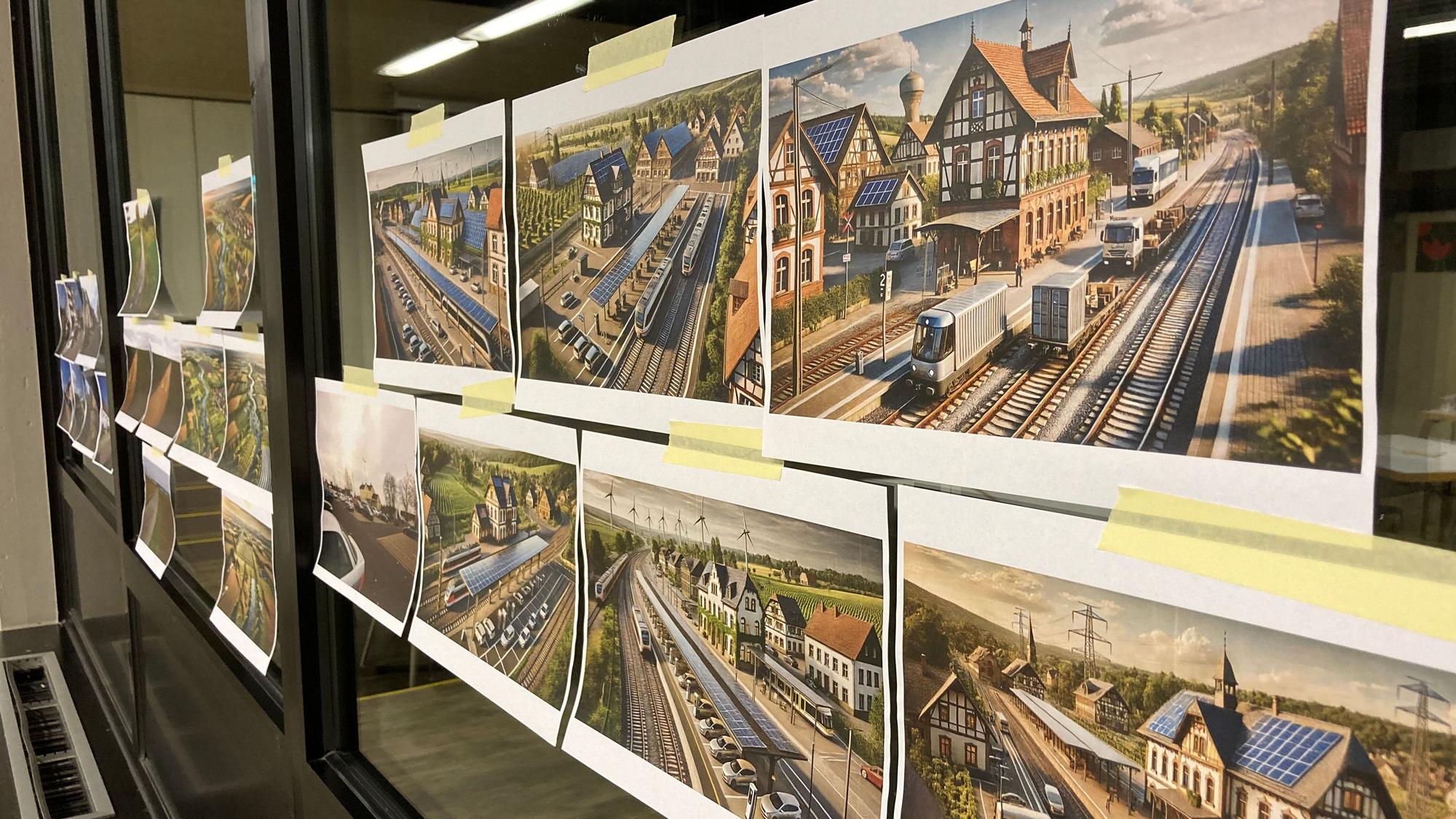 Bilder des Weilerswister Bahnhofs, die mithilfe von KI generiert wurden, hängen an Fensterscheiben.